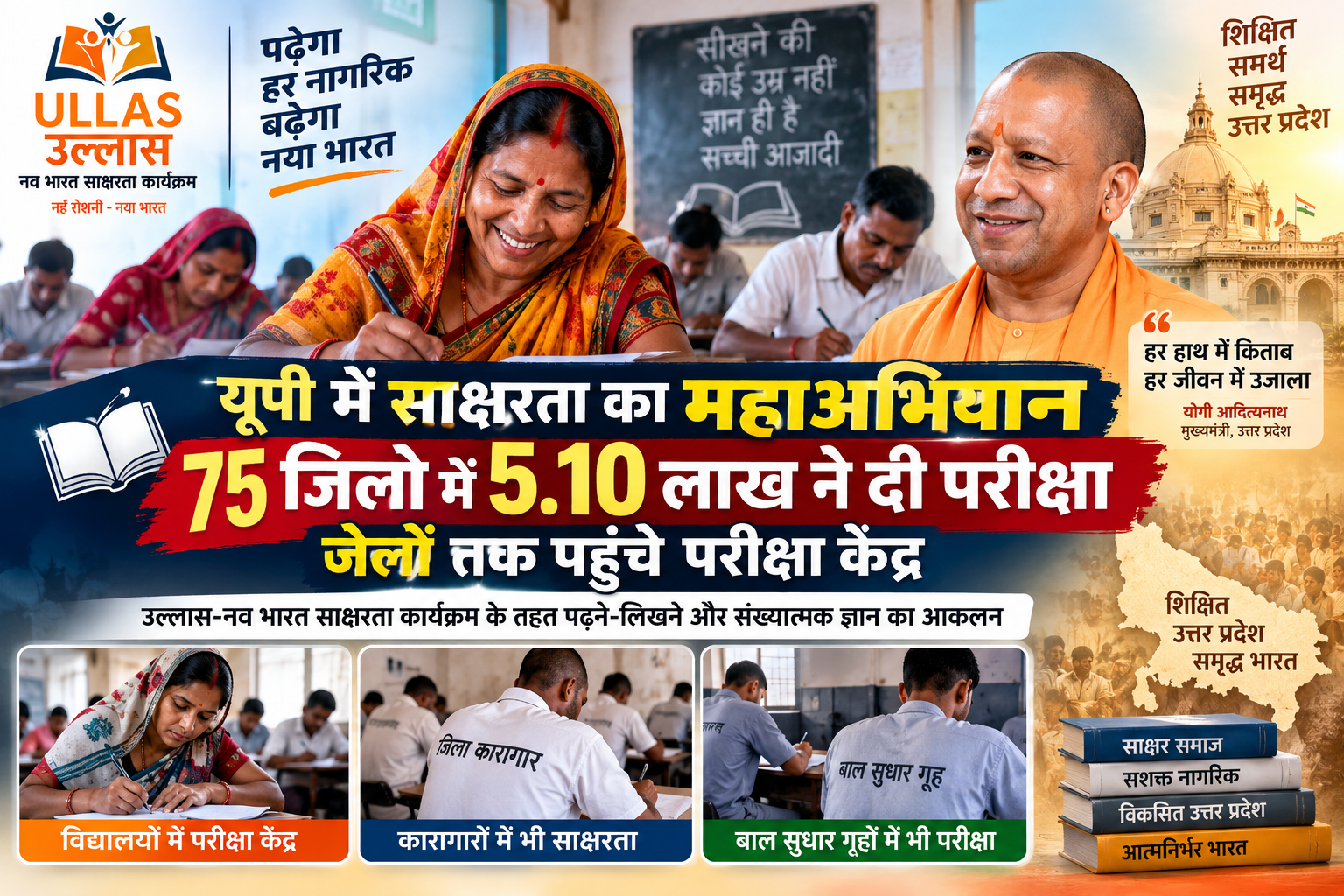 उत्तर प्रदेश में उल्लास-नव भारत साक्षरता कार्यक्रम के तहत रविवार को मूलभूत साक्षरता परीक्षा आयोजित की गई। प्रदेश के सभी 75 जिलों में हुई परीक्षा में करीब 5.10 लाख शिक्षार्थियों ने भाग लिया। परीक्षा में पढ़ने-लिखने और संख्यात्मक ज्ञान का आकलन किया गया। परिषदीय विद्यालयों के अलावा कारागारों और बाल सुधार गृहों में भी परीक्षा केंद्र बनाए गए। चंदौली और जौनपुर में भारत सरकार की टीम ने निरीक्षण किया, जबकि राज्य मुख्यालय की निगरानी टीमों ने लखनऊ, प्रतापगढ़ और सोनभद्र में परीक्षा केंद्रों का जायजा लिया।
