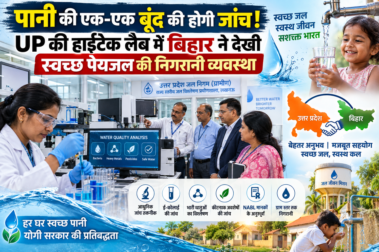 उत्तर प्रदेश में स्वच्छ और सुरक्षित पेयजल की गुणवत्ता सुनिश्चित करने के लिए जल जांच और निगरानी व्यवस्था को लगातार मजबूत किया जा रहा है। लखनऊ स्थित राज्य स्तरीय जल विश्लेषण प्रयोगशाला में बिहार पीएचईडी की तीन सदस्यीय टीम ने एक्सपोजर विजिट कर आधुनिक व्यवस्थाओं का अध्ययन किया। टीम ने ग्राम स्तर पर पानी की जांच, पोर्टल आधारित निगरानी, एनएबीएल मानकों और ई-कोलाई, भारी धातुओं व कीटनाशक अवशेषों की अत्याधुनिक जांच तकनीकों की जानकारी ली।
