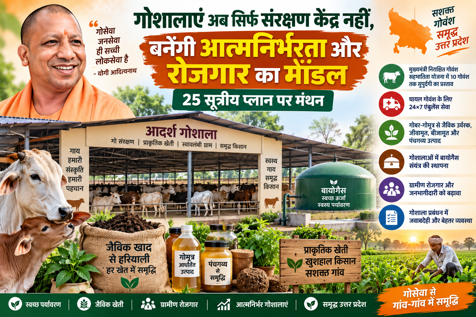 उत्तर प्रदेश में गोवंश संरक्षण को अधिक प्रभावी और आत्मनिर्भर बनाने की दिशा में सरकार ने कदम तेज कर दिए हैं। लखनऊ में कृषि उत्पादन आयुक्त की अध्यक्षता में 25 सूत्रीय एजेंडे पर मंथन हुआ। गोशालाओं को प्राकृतिक कृषि, जैविक उर्वरक, बायोगैस और पंचगव्य आधारित उत्पादों से जोड़ने पर जोर दिया गया। मुख्यमंत्री निराश्रित गोवंश सहभागिता योजना में 10 गोवंश तक सुपुर्दगी, घायल गोवंश के लिए 24×7 एंबुलेंस और गोशाला प्रबंधन में जवाबदेही तय करने जैसे महत्वपूर्ण सुझाव भी सामने आए।