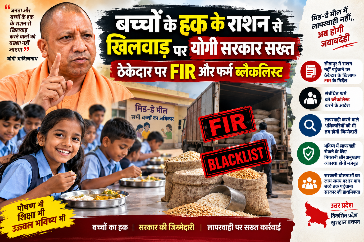 सीतापुर में मिड-डे मील का राशन उचित दर विक्रेताओं तक नहीं पहुंचाने के मामले में योगी सरकार ने सख्त रुख अपनाया है। खाद्य एवं रसद मंत्री मनोज कुमार पाण्डेय ने संबंधित परिवहन ठेकेदार के खिलाफ एफआईआर और फर्म को ब्लैकलिस्ट करने के निर्देश दिए हैं। जांच में लापरवाही सामने आने पर अधिकारियों की भी जिम्मेदारी तय कर कठोर कार्रवाई की जाएगी।