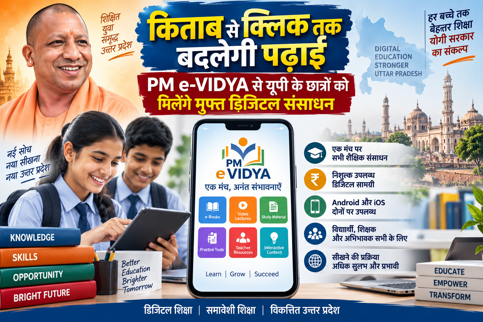 उत्तर प्रदेश में योगी सरकार डिजिटल शिक्षा को अधिक सुलभ और प्रभावी बनाने पर जोर दे रही है। PM e-VIDYA डिजिटल प्लेटफॉर्म के जरिए विद्यार्थियों और शिक्षकों को पढ़ाई से जुड़े जरूरी संसाधन एक ही मंच पर निशुल्क उपलब्ध कराए जा रहे हैं। Android और iOS पर उपलब्ध ऐप से डिजिटल सामग्री तक आसान पहुंच मिलेगी। सरकार का लक्ष्य तकनीक के माध्यम से प्रदेश के अधिक से अधिक बच्चों तक गुणवत्तापूर्ण शिक्षा पहुंचाना और सीखने की प्रक्रिया को आधुनिक, समावेशी व प्रभावी बनाना है।