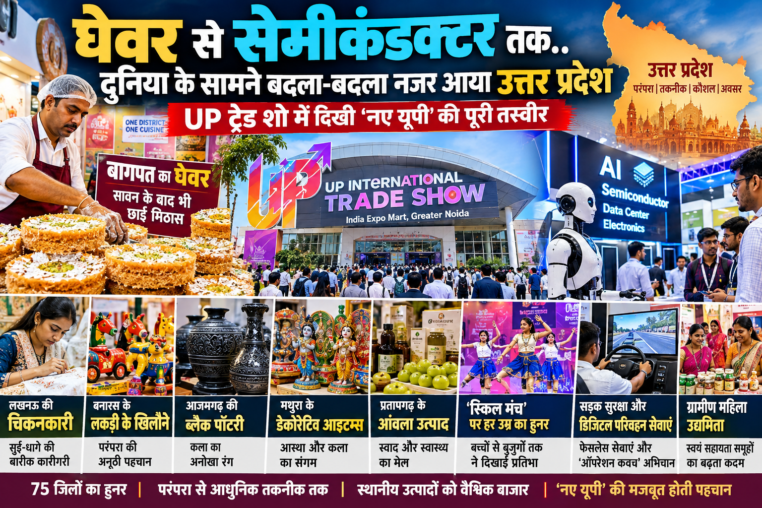 ग्रेटर नोएडा में चल रहे यूपी इंटरनेशनल ट्रेड शो में उत्तर प्रदेश की परंपरा और आधुनिक विकास की तस्वीर एक साथ दिखाई दे रही है। बागपत का घेवर, बनारस के लकड़ी के खिलौने, आजमगढ़ की ब्लैक पॉटरी, लखनऊ की चिकनकारी और शामली की मिठाइयों ने लोगों का ध्यान खींचा। वहीं एआई, सेमीकंडक्टर, इलेक्ट्रॉनिक्स, डिजिटल परिवहन सेवाओं और ग्रामीण महिला उद्यमिता ने प्रदेश की नई संभावनाओं को सामने रखा। विदेशी व्यापारियों की रुचि से स्थानीय उत्पादों को वैश्विक बाजार तक पहुंचने का अवसर मिला।