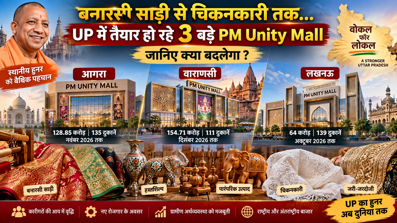 उत्तर प्रदेश में स्थानीय उत्पादों और पारंपरिक कारीगरी को बढ़ावा देने के लिए आगरा, वाराणसी और लखनऊ में PM Unity Mall का निर्माण तेजी से जारी है। इन मॉल में प्रदेश के 75 जिलों के ODOP और GI-tag उत्पादों को प्रदर्शित और बेचने का अवसर मिलेगा। आगरा में 128.85 करोड़, वाराणसी में 154.71 करोड़ और लखनऊ में 64 करोड़ रुपये की लागत से परियोजनाएं विकसित हो रही हैं। बनारसी साड़ी, चिकनकारी, जरी-जरदोजी और अन्य हस्तशिल्प को राष्ट्रीय-अंतरराष्ट्रीय बाजार मिलेगा।