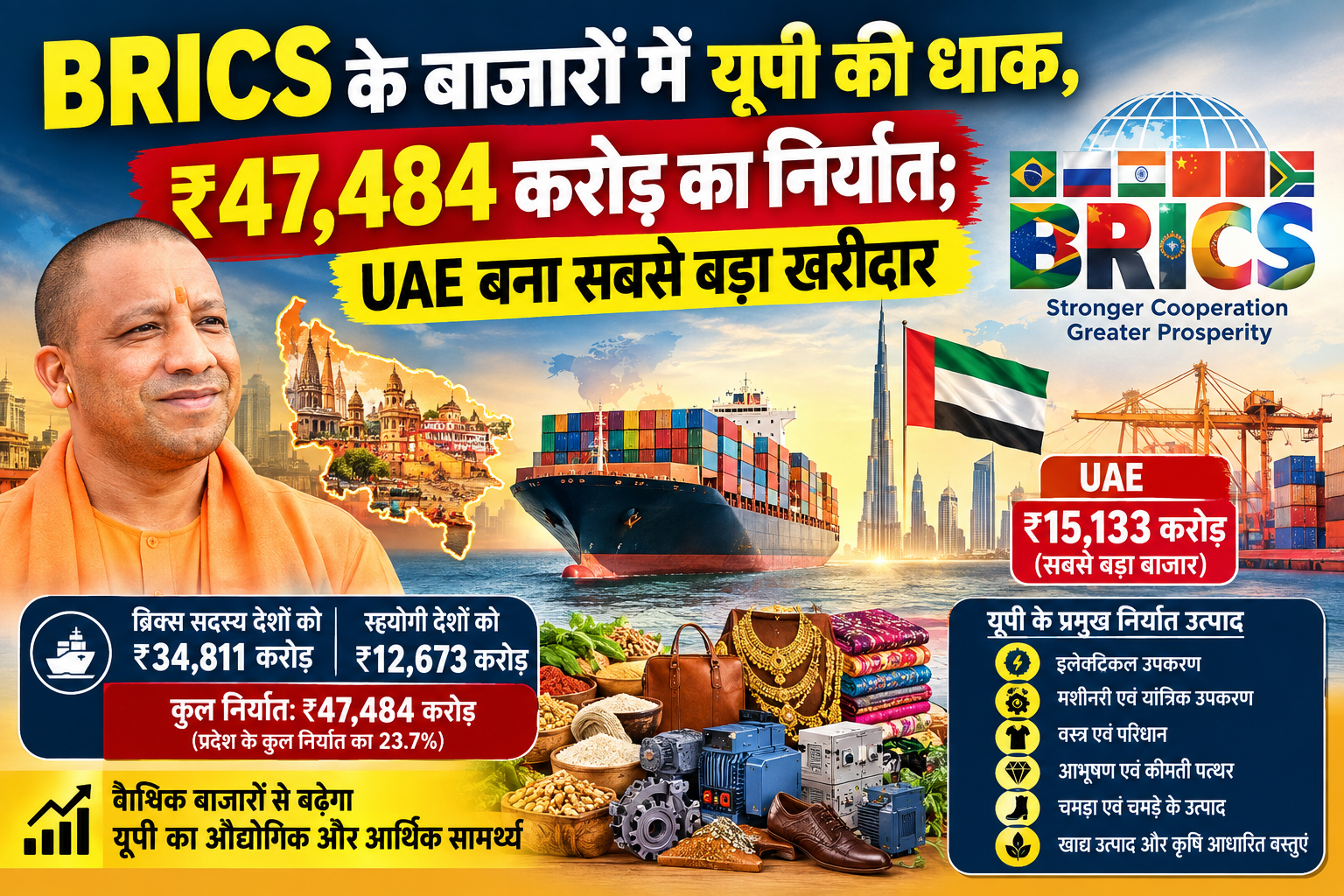 उत्तर प्रदेश ने ब्रिक्स सदस्य और सहयोगी देशों के बाजारों में अपनी निर्यात क्षमता का मजबूत प्रदर्शन किया है। प्रदेश से इन देशों को कुल ₹47,484 करोड़ का निर्यात हुआ, जो राज्य के करीब ₹2 लाख करोड़ के कुल निर्यात का 23.7 प्रतिशत है। UAE ₹15,133 करोड़ के निर्यात के साथ सबसे बड़ा बाजार रहा। वहीं वियतनाम और मलेशिया भी प्रमुख निर्यात केंद्र बने हैं। इलेक्ट्रिकल उपकरण, मशीनरी, वस्त्र, आभूषण, चमड़ा और खाद्य उत्पादों की वैश्विक मांग यूपी के लिए नए अवसर खोल रही है।