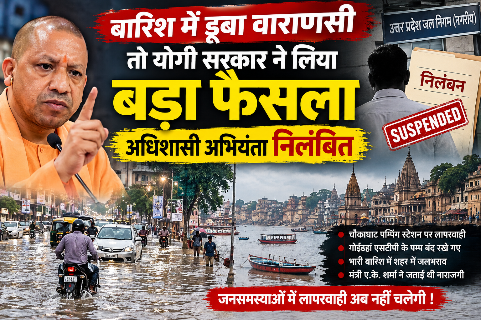वाराणसी में भारी बारिश के दौरान जलभराव और पम्पिंग व्यवस्था में लापरवाही को योगी सरकार ने गंभीरता से लिया है। उत्तर प्रदेश जल निगम (नगरीय) के अधिशासी अभियंता पवन कुमार गुप्ता को निलंबित कर दिया गया है। चौकाघाट सीवेज पम्पिंग स्टेशन और गोईठहां एसटीपी पर पम्प संचालन में लापरवाही समेत कई आरोपों पर अनुशासनिक जांच शुरू की गई है।