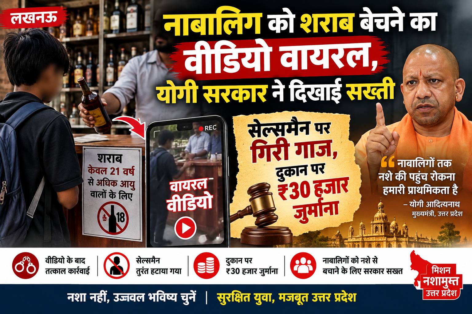 लखनऊ में नाबालिग को शराब बेचने से जुड़े वीडियो के सोशल मीडिया पर वायरल होने के बाद आबकारी विभाग ने तत्काल कार्रवाई की। जांच में विकासनगर के शुभौली स्थित कम्पोजिट दुकान के सेल्समैन का व्यवहार अनुचित पाया गया। सेल्समैन को हटा दिया गया और दुकान पर 30 हजार रुपये का जुर्माना लगाया गया। सरकार ने नाबालिगों तक शराब की पहुंच रोकने के निर्देश दिए।