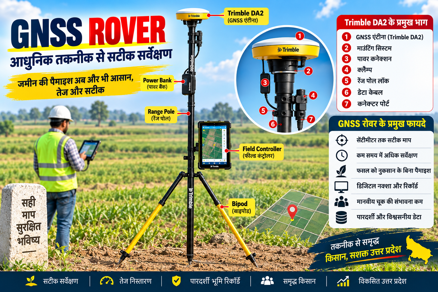 उत्तर प्रदेश में जमीन की पैमाइश और सीमांकन अब GNSS रोवर तकनीक से अधिक तेज, सटीक और डिजिटल होगा। योगी सरकार ने प्रदेश में उपलब्ध 504 GNSS रोवर में से 350 तहसीलों तक पहुंचा दिए हैं। 143 रोवर 10 शहरी स्थानीय निकायों की नक्शा परियोजनाओं में लगाए गए हैं। यह तकनीक सेंटीमीटर स्तर तक सटीक स्थिति बताकर भूमि सीमाओं, क्षेत्रफल और डिजिटल नक्शे तैयार करने में मदद करेगी। इससे मानवीय चूक कम होगी और किसानों को भी फसल नुकसान से राहत मिलेगी।