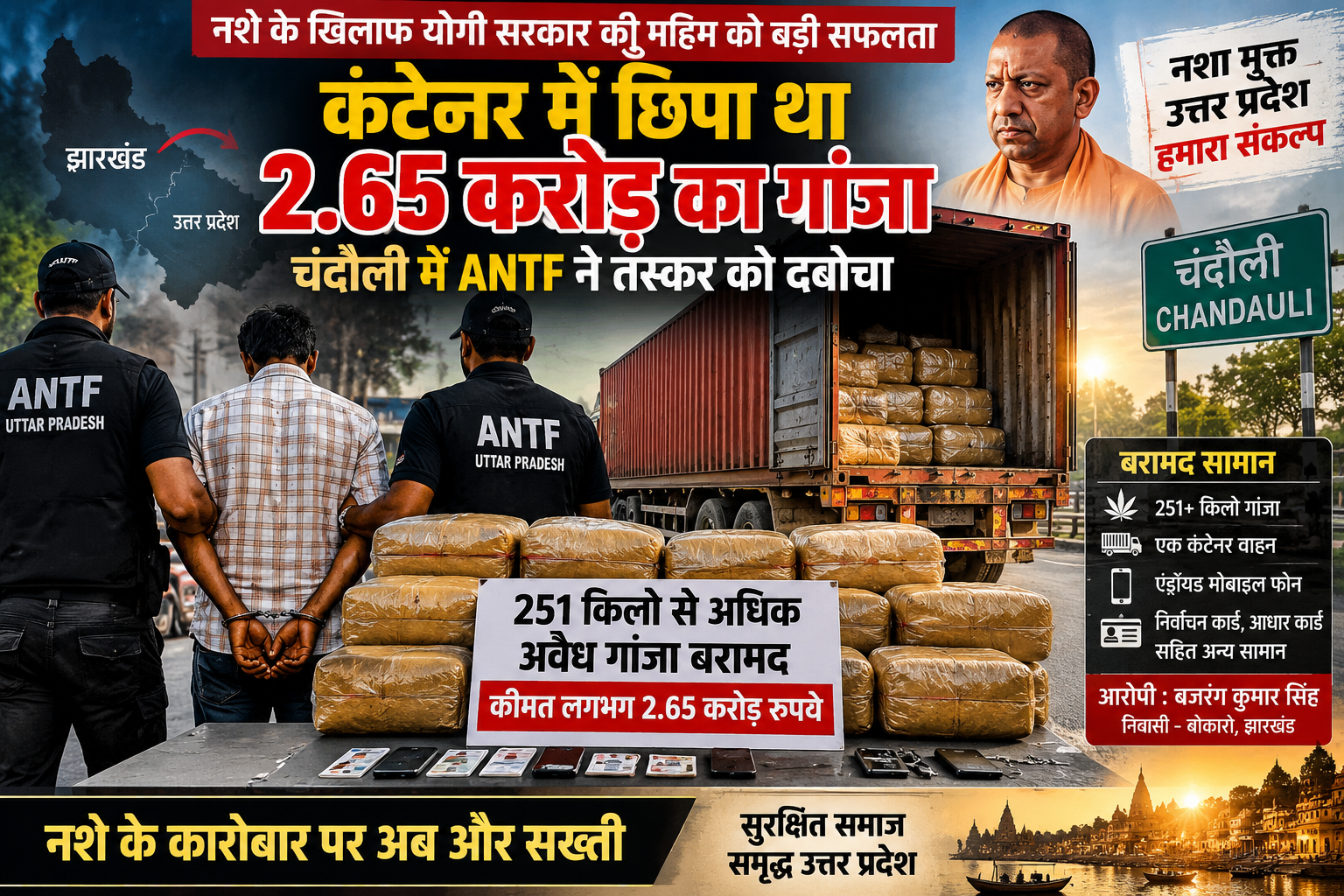 चंदौली में एंटी नारकोटिक्स टास्क फोर्स (एएनटीएफ) ने बड़ी कार्रवाई करते हुए 251 किलो से अधिक अवैध गांजा बरामद किया। इसकी अनुमानित कीमत 2.65 करोड़ रुपये बताई गई है। अलीनगर थाना क्षेत्र से झारखंड निवासी बजरंग कुमार सिंह को गिरफ्तार किया गया। पुलिस ने कंटेनर, मोबाइल फोन और पहचान पत्र भी बरामद किए। मामले में एनडीपीएस एक्ट के तहत कार्रवाई जारी है।