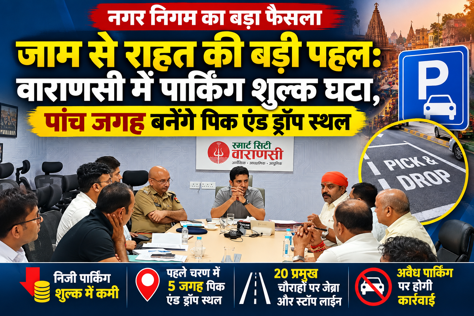 वाराणसी में पार्किंग और यातायात व्यवस्था को सुव्यवस्थित करने के लिए नगर निगम ने कई अहम फैसले लिए हैं। निजी भूमि पर पार्किंग संचालकों का शुल्क 17 से घटाकर 12 प्रतिशत और एग्रीमेंट वाली निजी भूमि पर 12 से घटाकर 8.5 प्रतिशत किया गया है। पहले चरण में पांच स्थानों पर ऑटो-ई-रिक्शा के लिए पिक एंड ड्रॉप स्थल विकसित होंगे। 20 प्रमुख चौराहों पर जेब्रा क्रॉसिंग और स्टॉप लाइन बनाई जाएगी। बिना अनुमति पार्किंग संचालन पर कार्रवाई होगी।