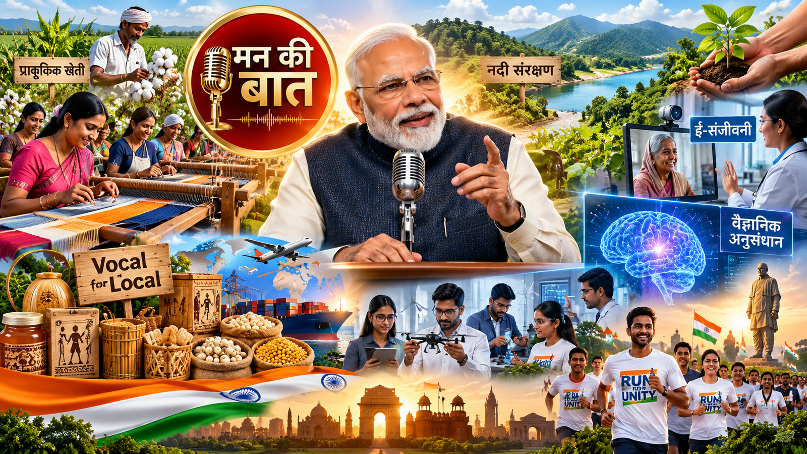 प्रधानमंत्री नरेंद्र मोदी ने ‘मन की बात’ कार्यक्रम में स्वदेशी उत्पादों, प्राकृतिक खेती, खादी, डिजिटल स्वास्थ्य सेवाओं और वैज्ञानिक अनुसंधान के महत्व पर जोर दिया। उन्होंने पंजाब में प्राकृतिक कपास की खेती, उत्तराखंड में नदी संरक्षण, ई-संजीवनी के माध्यम से टेली-परामर्श, आईआईटी मद्रास में मस्तिष्क अनुसंधान और पूर्वोत्तर में मिलेट्स की खेती के प्रयासों का उल्लेख किया। प्रधानमंत्री ने स्थानीय कारीगरों को प्रोत्साहन देने, पर्यावरण संरक्षण, अंगदान, राष्ट्रीय एकता और महर्षि वाल्मीकि तथा भाई परमानंद के योगदान से प्रेरणा लेने की अपील की।
