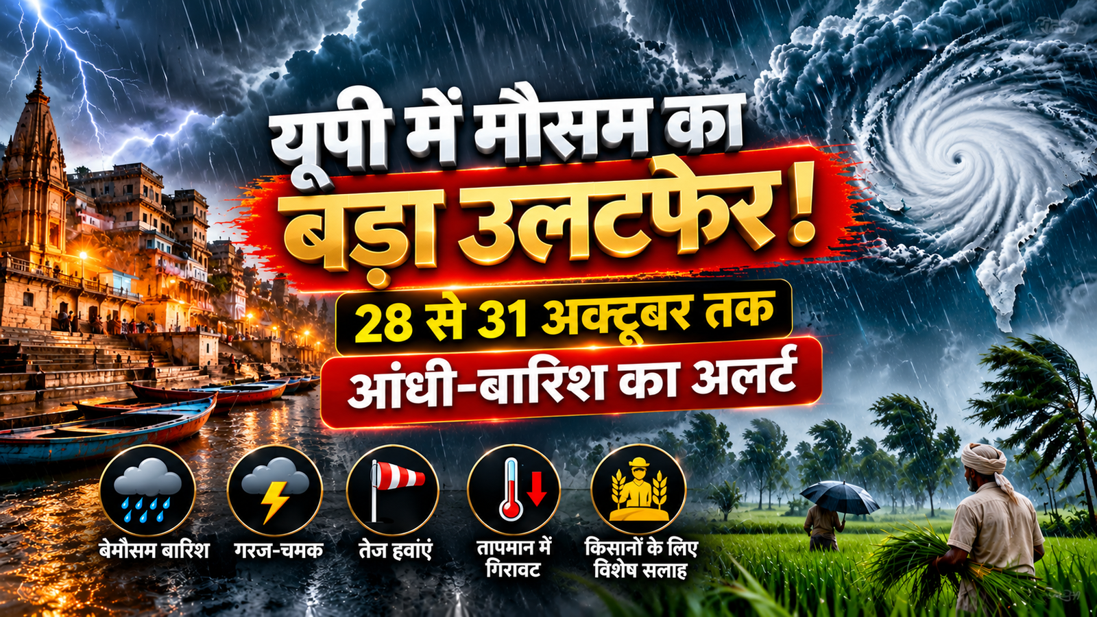 चक्रवात ‘अर्णब’ के संभावित प्रभाव से उत्तर प्रदेश में 28 से 31 अक्टूबर तक बेमौसम बारिश, गरज-चमक और तेज हवाएं चलने की आशंका है। वाराणसी, चंदौली, मिर्जापुर, सोनभद्र समेत कई जिलों में मौसम विभाग ने अलर्ट जारी किया है। योगी सरकार ने लोगों और किसानों से सतर्क रहने, फसलों की सुरक्षा करने और आधिकारिक मौसम बुलेटिन पर नजर रखने की अपील की है।