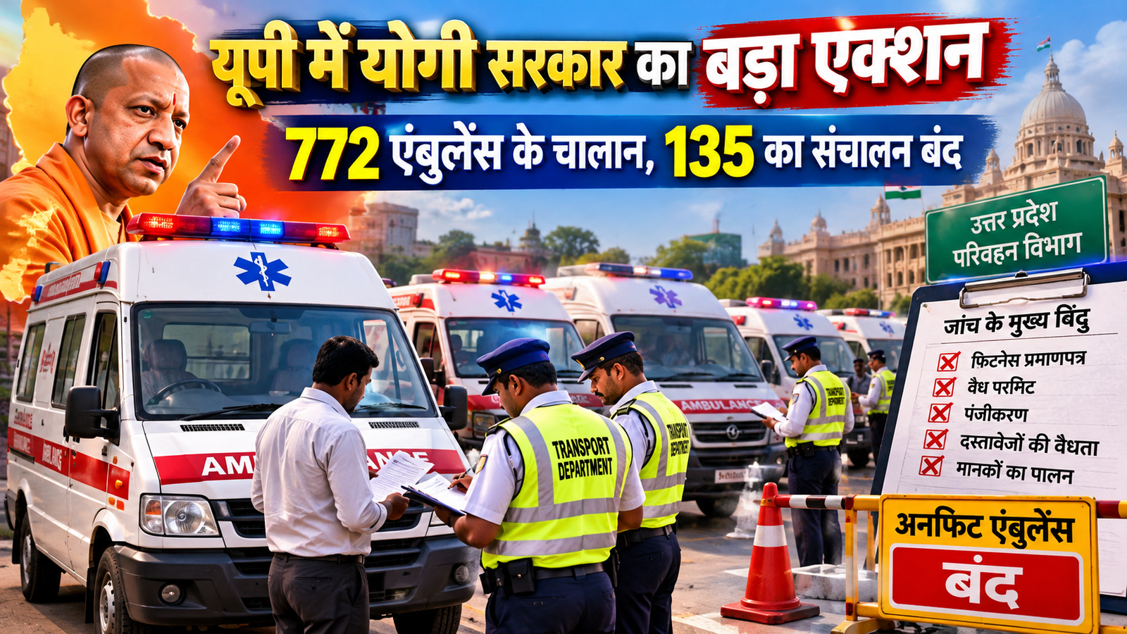 उत्तर प्रदेश में योगी सरकार के निर्देश पर परिवहन विभाग ने अनफिट और अनधिकृत एंबुलेंस के खिलाफ तीन दिवसीय अभियान चलाया। इस दौरान 772 एंबुलेंस के चालान किए गए और 135 को बंद कराया गया। परिवहन आयुक्त आशुतोष निरंजन ने संचालकों से वैध परमिट, फिटनेस प्रमाणपत्र और जरूरी दस्तावेज रखने की अपील की। नियमों का उल्लंघन करने वालों पर आगे भी कार्रवाई जारी रहेगी।