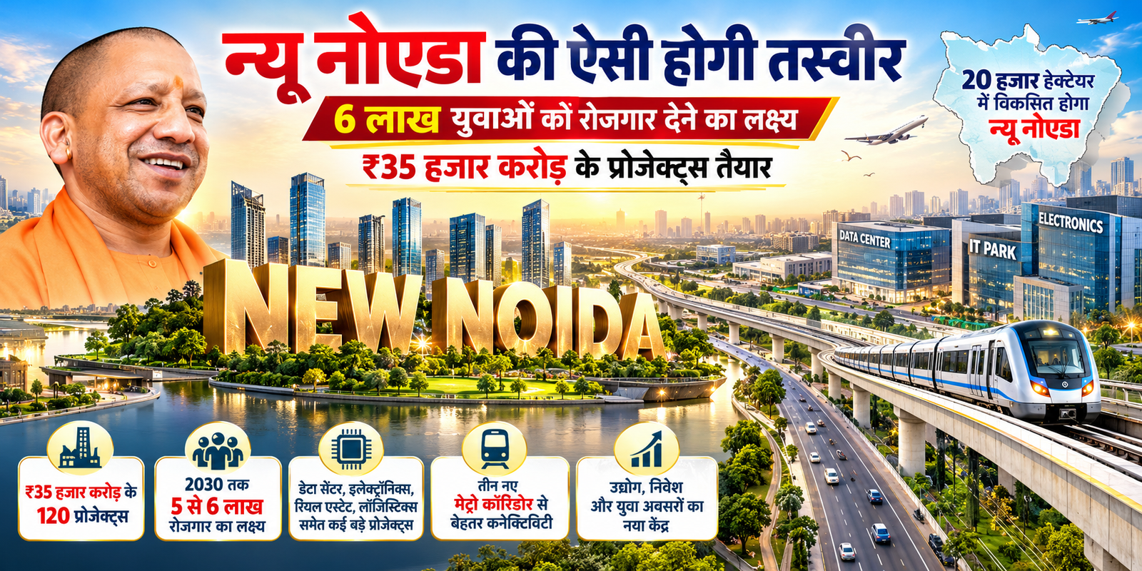 उत्तर प्रदेश में मुख्यमंत्री योगी आदित्यनाथ के नेतृत्व में न्यू नोएडा को औद्योगिक विकास के नए केंद्र के रूप में विकसित करने की तैयारी है। करीब 20 हजार हेक्टेयर क्षेत्र में प्रस्तावित इस विस्तार से वर्ष 2030 तक 5 से 6 लाख रोजगार के अवसर सृजित करने का लक्ष्य है। नोएडा से जुड़े ₹35 हजार करोड़ के 120 प्रोजेक्ट्स में डेटा सेंटर, इलेक्ट्रॉनिक्स, लॉजिस्टिक्स और रियल एस्टेट शामिल हैं। प्रस्तावित मेट्रो कॉरिडोर कनेक्टिविटी को और मजबूत करेंगे।