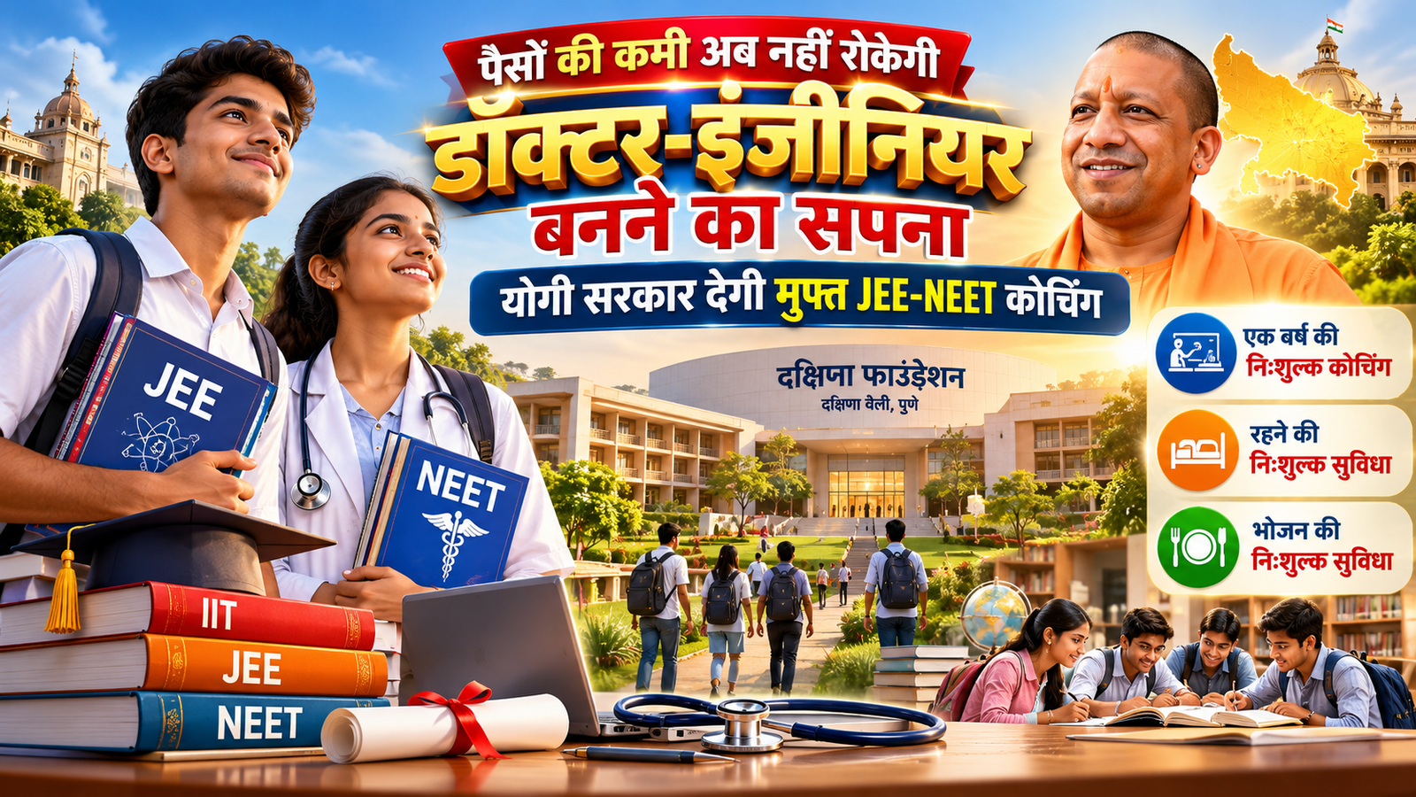 उत्तर प्रदेश के मेधावी विद्यार्थियों के लिए JEE और NEET की तैयारी का सुनहरा अवसर है। समाज कल्याण विभाग के सर्वोदय विद्यालयों में कक्षा 12 विज्ञान वर्ग के पात्र छात्र-छात्राएं JDST-2027 के माध्यम से दक्षणा फाउंडेशन में एक वर्ष की मुफ्त कोचिंग प्राप्त कर सकते हैं। चयनित विद्यार्थियों को पुणे के निकट दक्षणा वैली परिसर में निःशुल्क आवास और भोजन भी मिलेगा। जानें पात्रता, कक्षा 10 के अंकों की कटऑफ, पारिवारिक आय सीमा और आवेदन की आधिकारिक वेबसाइट।