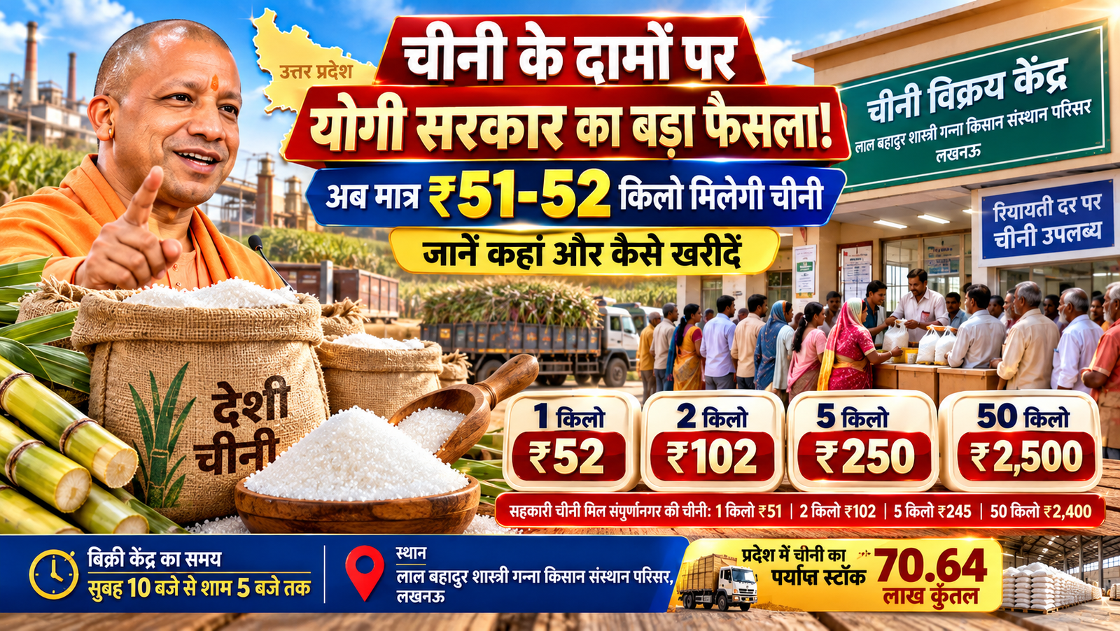 मुख्यमंत्री योगी आदित्यनाथ के निर्देश पर लखनऊ में आम नागरिकों को 51 से 52 रुपये प्रति किलो की दर से चीनी उपलब्ध कराई जा रही है। लाल बहादुर शास्त्री गन्ना किसान संस्थान परिसर स्थित बिक्री केंद्र पर उपभोक्ता 1, 2, 5 और 50 किलो के पैकेट खरीद सकते हैं। केंद्र प्रत्येक कार्यदिवस सुबह 10 बजे से शाम 5 बजे तक खुला रहेगा। सरकार के अनुसार, प्रदेश में 70.64 लाख कुंतल चीनी का पर्याप्त स्टॉक उपलब्ध है।