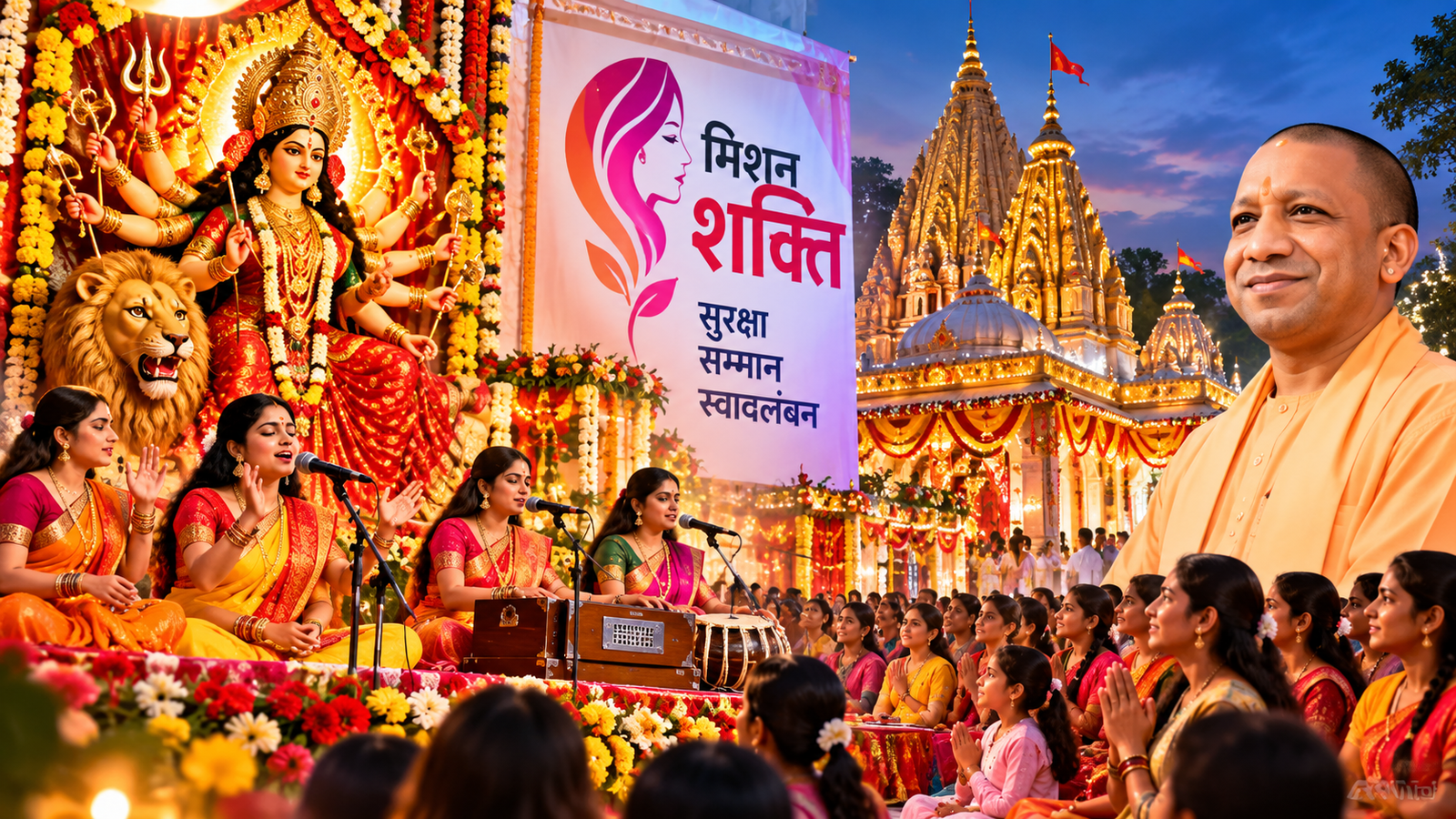 उत्तर प्रदेश में मिशन शक्ति अभियान के तहत शारदीय नवरात्र की सप्तमी से नवमी तक 26 प्रमुख देवी मंदिरों में तीन दिवसीय सांस्कृतिक कार्यक्रम आयोजित किए जाएंगे। योगी सरकार की इस पहल में देवी गीतों का पारंपरिक गायन, दुर्गा सप्तशती पाठ और स्थानीय कलाकारों की प्रस्तुतियां होंगी। कार्यक्रमों का उद्देश्य महिलाओं और बालिकाओं को सुरक्षा, सम्मान तथा स्वावलंबन के प्रति जागरूक करना है। साथ ही, महिला कलाकारों को मंच देकर लोक संस्कृति के संरक्षण और उनकी आजीविका को बढ़ावा देने पर भी जोर दिया जाएगा।
