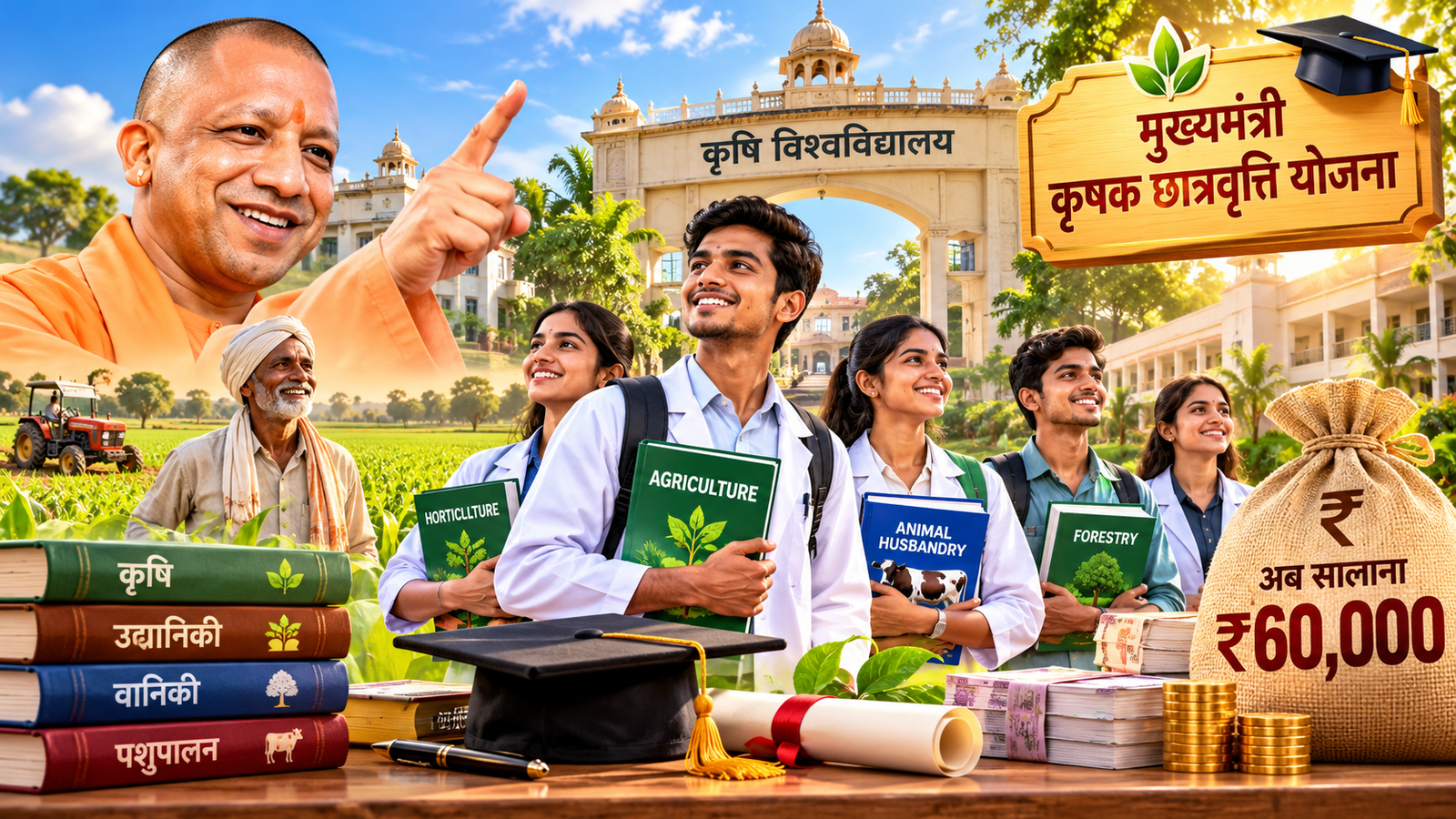 उत्तर प्रदेश की योगी सरकार ने मुख्यमंत्री कृषक छात्रवृत्ति योजना का दायरा बढ़ाते हुए छात्रवृत्ति की निर्धारित सीटें 1,410 से बढ़ाकर 2,820 कर दी हैं। अब पात्र विद्यार्थियों को सालाना 36 हजार रुपये के बजाय 60 हजार रुपये मिलेंगे। छात्रवृत्ति की मासिक राशि 3,000 से बढ़ाकर 5,000 रुपये की गई है। योजना का लाभ किसान और खेतिहर मजदूर परिवारों के मेधावी बच्चों को मिलेगा। जानिए पात्रता, मेरिट के मानक, बढ़ी हुई सीटों और योजना से जुड़ी महत्वपूर्ण जानकारी।