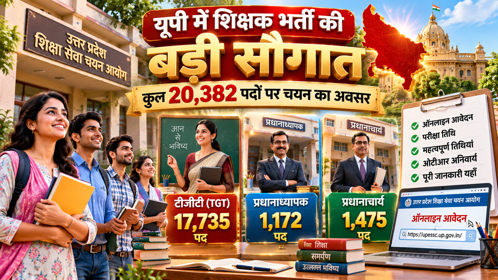 UP TGT Recruitment 2026: उत्तर प्रदेश शिक्षा सेवा चयन आयोग ने टीजीटी के 17,735 पदों, प्रधानाध्यापक के 1,172 पदों और प्रधानाचार्य के 1,475 पदों पर भर्ती के लिए विज्ञापन जारी किए हैं। कुल 20,382 पदों पर चयन किया जाएगा। टीजीटी के लिए आवेदन 24 अक्टूबर से शुरू होंगे, जबकि प्रधानाध्यापक और प्रधानाचार्य के लिए आवेदन 23 अक्टूबर 2026 से शुरू हो चुके हैं। जानें आवेदन की अंतिम तिथि, परीक्षा कार्यक्रम, OTR प्रक्रिया और आधिकारिक वेबसाइट से जुड़ी पूरी जानकारी।