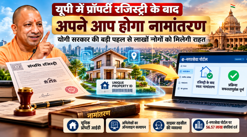 उत्तर प्रदेश की योगी सरकार संपत्ति पंजीकरण और नामांतरण प्रक्रिया को सरल, पारदर्शी और डिजिटल बनाने की दिशा में काम कर रही है। मुख्य सचिव की अध्यक्षता में हुई समीक्षा बैठक में रजिस्ट्री के बाद स्वतः नामांतरण, यूनिक प्रॉपर्टी आईडी, ऑनलाइन अभिलेख सत्यापन और साइबर तहसील की व्यवस्था पर चर्चा हुई। ई-नगरसेवा पोर्टल पर 56.57 लाख संपत्तियां दर्ज हैं। नक्शा परियोजना के तहत अर्बन प्रॉपर्टी कार्ड तैयार किए जाएंगे। नई व्यवस्था से संपत्ति स्वामित्व सत्यापन और संबंधित विभागों के बीच समन्वय बेहतर होने की उम्मीद है।