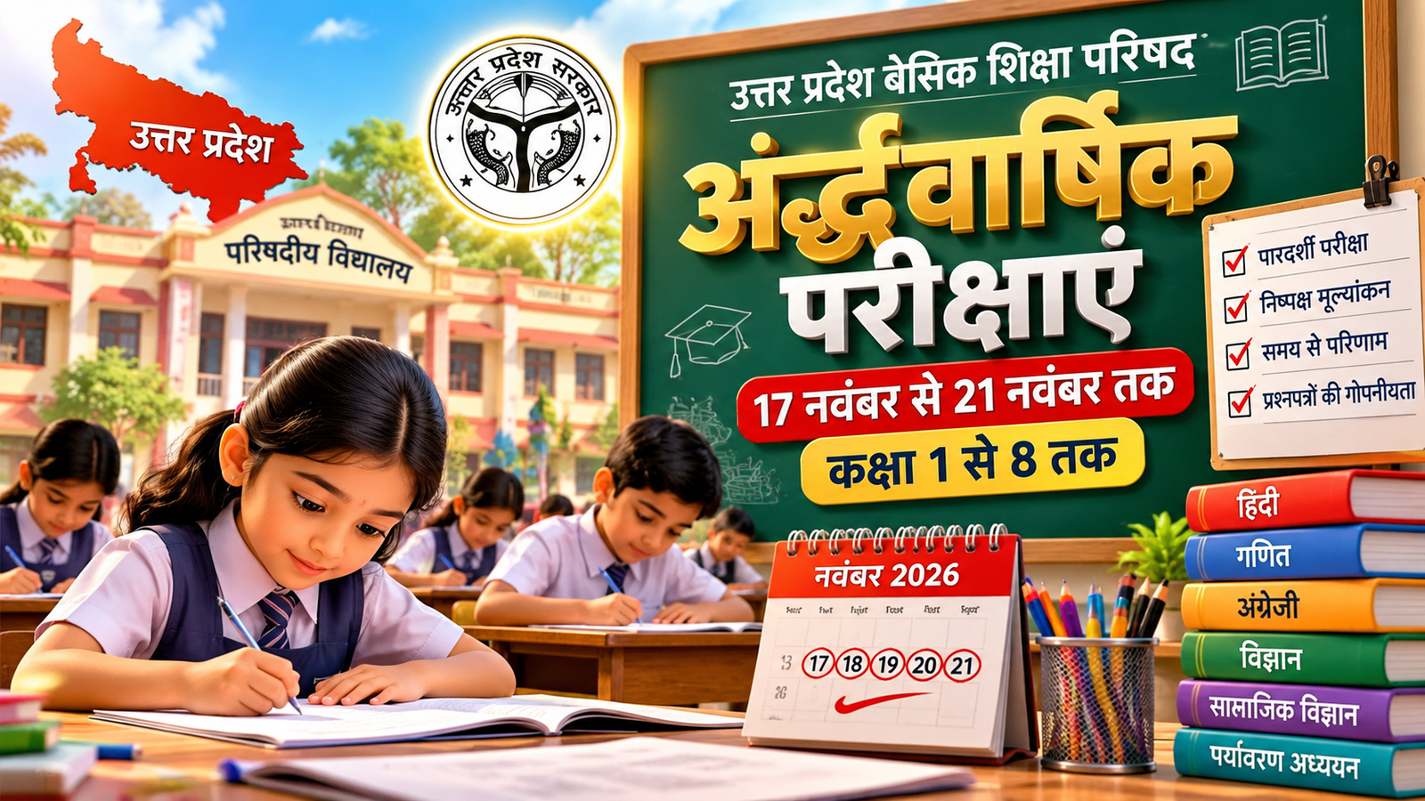 उत्तर प्रदेश में शैक्षिक सत्र 2026-27 की अर्द्धवार्षिक परीक्षाएं 17 से 21 नवंबर तक आयोजित की जाएंगी। उत्तर प्रदेश बेसिक शिक्षा परिषद ने कक्षा एक से आठ तक के परिषदीय और मान्यता प्राप्त विद्यालयों के लिए परीक्षा कार्यक्रम जारी किया है। कक्षा एक की परीक्षा मौखिक, जबकि कक्षा दो से पांच तक लिखित एवं मौखिक और कक्षा छह से आठ तक लिखित परीक्षाएं होंगी। परिषद ने प्रश्नपत्रों की गोपनीयता, निष्पक्ष मूल्यांकन और समय से परीक्षा परिणाम घोषित करने के निर्देश दिए हैं।