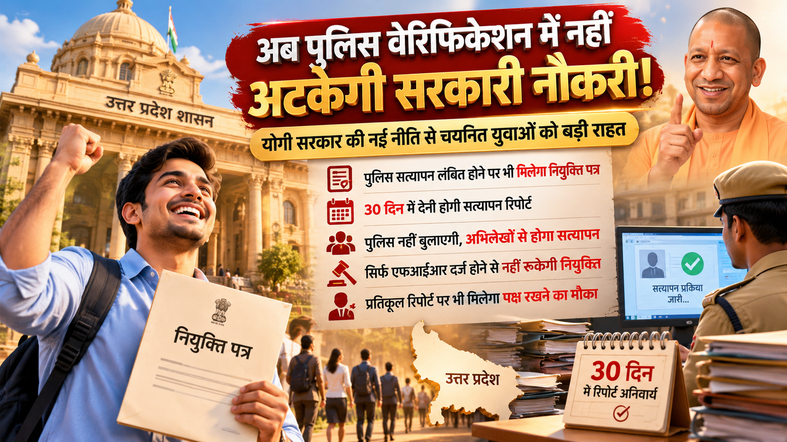 उत्तर प्रदेश में सरकारी नौकरी पाने वाले युवाओं के लिए बड़ी राहत है। योगी सरकार की नई एकीकृत नीति के तहत पुलिस चरित्र सत्यापन रिपोर्ट लंबित होने पर भी चयनित अभ्यर्थियों को शर्तों के साथ नियुक्ति पत्र दिया जा सकेगा। पुलिस और संबंधित अधिकारियों को 30 दिन के भीतर सत्यापन रिपोर्ट देनी होगी। केवल एफआईआर दर्ज होने से अभ्यर्थी स्वतः अयोग्य नहीं होगा। प्रतिकूल रिपोर्ट पर पक्ष रखने का अवसर भी मिलेगा। नई नीति से नियुक्ति प्रक्रिया अधिक सरल और समयबद्ध होगी।