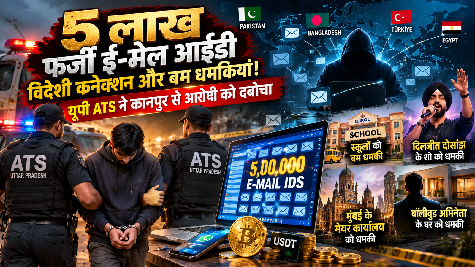 उत्तर प्रदेश एटीएस ने कानपुर नगर से 24 वर्षीय अंकित शंखवार को फर्जी ई-मेल आईडी बनाकर विदेशों में बेचने के आरोप में गिरफ्तार किया है। जांच में नोएडा, दिल्ली-एनसीआर, गुरुग्राम और मुंबई में स्कूलों, महत्वपूर्ण प्रतिष्ठानों, गायक दिलजीत दोसांझ के प्रस्तावित शो तथा एक बॉलीवुड अभिनेता के घर को बम से उड़ाने की धमकियों से जुड़े ई-मेल सामने आए हैं। आरोपी के लैपटॉप से करीब 5 लाख ई-मेल आईडी मिली हैं। एटीएस क्रिप्टोकरेंसी लेन-देन और विदेशी संपर्कों की जांच कर रही है।