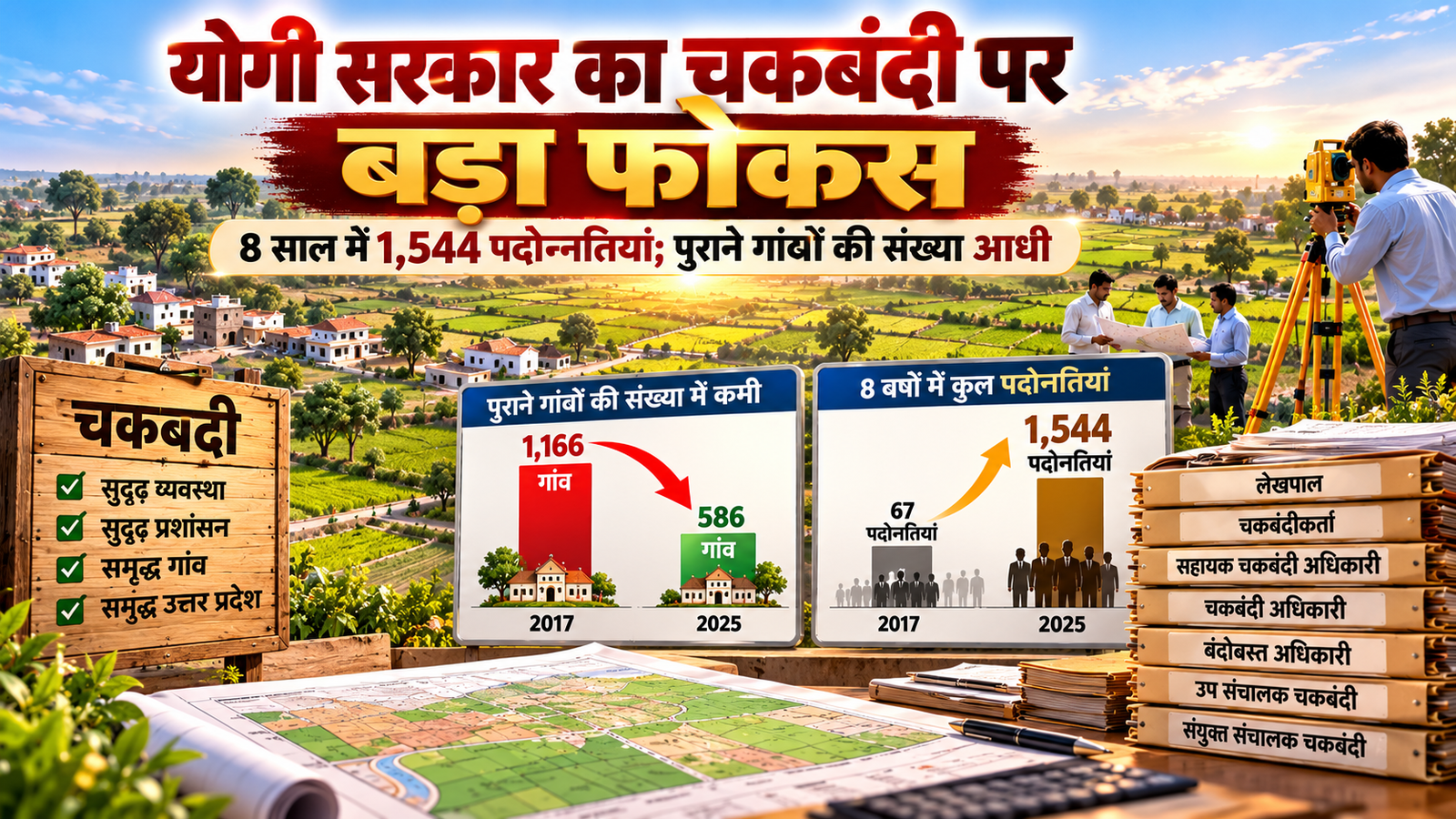 उत्तर प्रदेश में योगी सरकार चकबंदी व्यवस्था को मजबूत बनाने के लिए पुराने गांवों में प्रक्रिया पूरी कराने और विभागीय मानव संसाधन को सशक्त करने पर जोर दे रही है। चकबंदी निदेशालय के अनुसार, वर्ष 2017 से 2025 के बीच 10 वर्ष से अधिक पुराने गांवों की संख्या 1,166 से घटकर 586 हुई। वहीं, आठ वर्षों में 1,544 पदोन्नतियां कर पदोन्नति का बैकलॉग समाप्त किया गया।