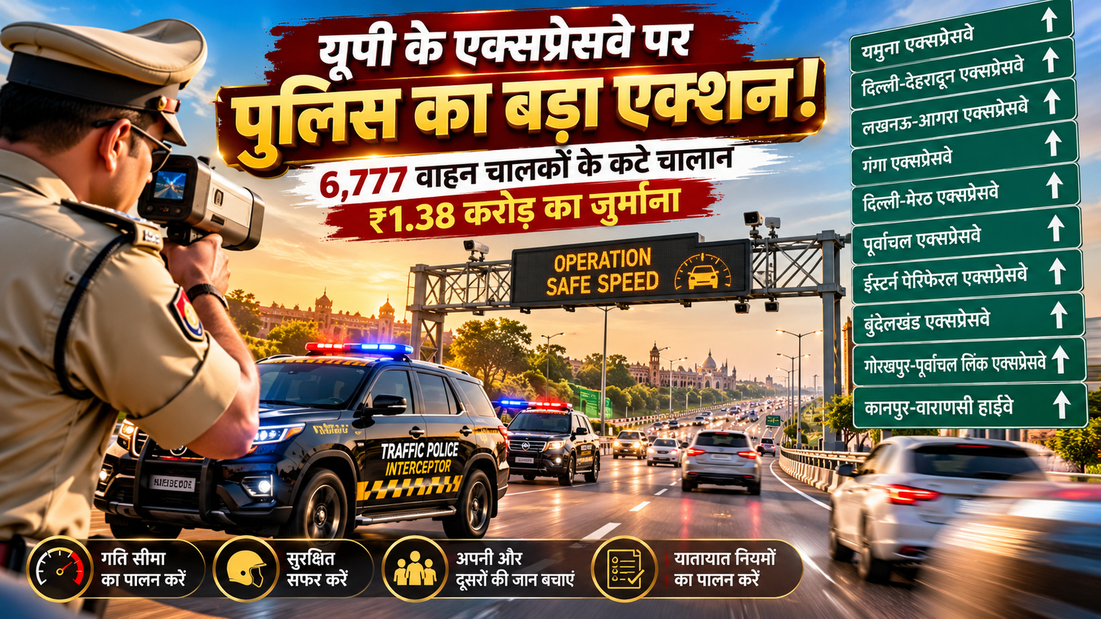 उत्तर प्रदेश में योगी सरकार की सड़क सुरक्षा पहल के तहत ‘ऑपरेशन सेफ स्पीड’ अभियान चलाया गया। 26 और 28 अक्टूबर 2026 को प्रदेश के प्रमुख एक्सप्रेसवे और हाईवे पर हुई कार्रवाई में 6,777 वाहनों के चालान किए गए तथा कुल 1 करोड़ 38 लाख 32 हजार 500 रुपये का जुर्माना दर्ज किया गया। यमुना एक्सप्रेसवे पर सबसे अधिक 3,116 चालान हुए। यातायात निदेशालय का उद्देश्य तेज रफ्तार पर अंकुश लगाना, सड़क दुर्घटनाओं को कम करना और सुरक्षित सफर सुनिश्चित करना है।