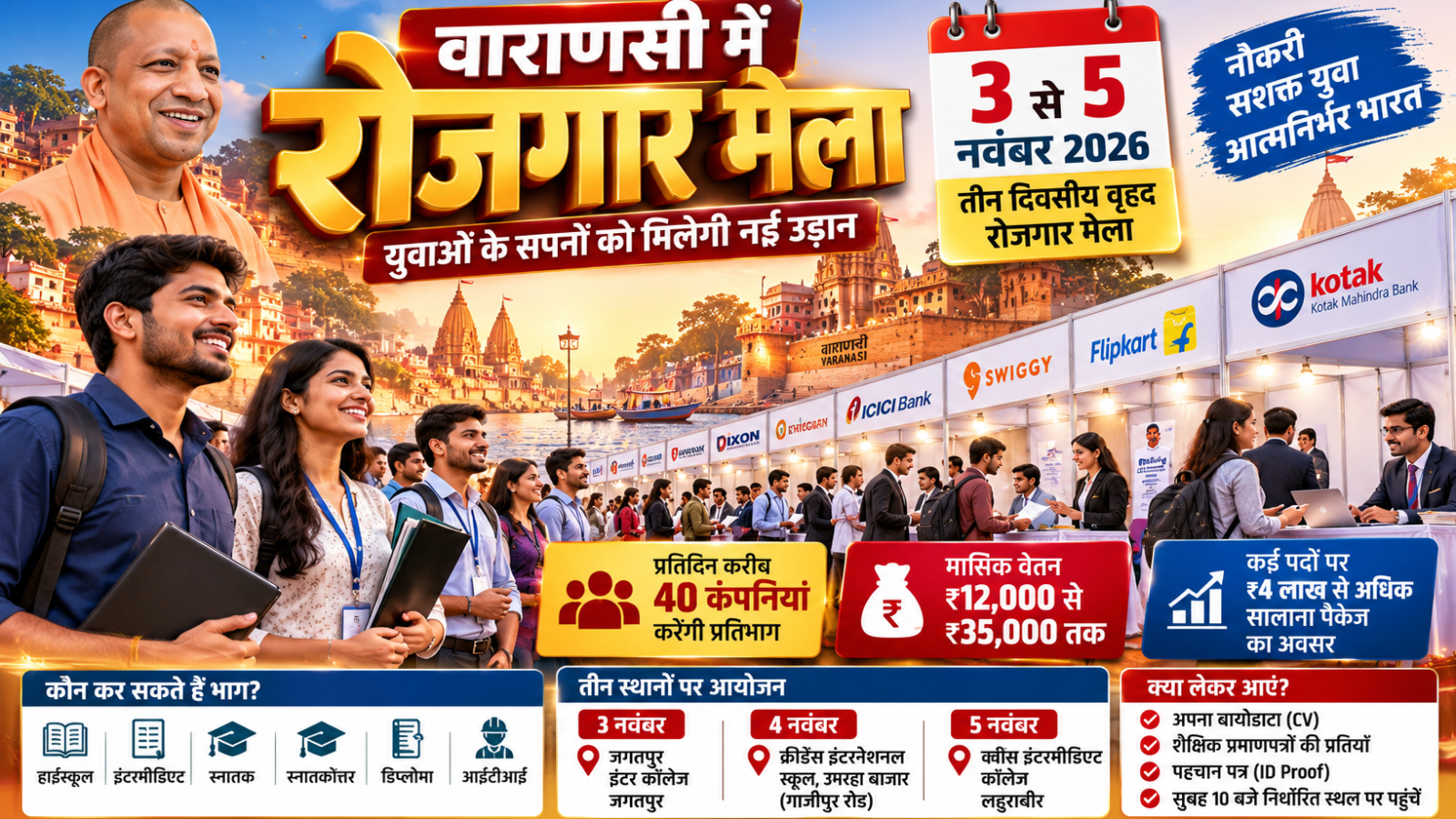 वाराणसी में उत्तर प्रदेश रोजगार मिशन के तहत 3 से 5 नवंबर 2026 तक तीन दिवसीय वृहद रोजगार मेले का आयोजन होगा। जगतपुर इंटर कॉलेज, क्रीडेंस इंटरनेशनल स्कूल उमरहा और क्वींस इंटरमीडिएट कॉलेज लहुराबीर में आयोजित मेलों में प्रतिदिन करीब 40 कंपनियों के शामिल होने की संभावना है। हाईस्कूल, इंटरमीडिएट, स्नातक, स्नातकोत्तर, डिप्लोमा और आईटीआई पास युवा इसमें भाग ले सकेंगे। अभ्यर्थियों को ₹12,000 से ₹35,000 तक मासिक वेतन और 4 लाख रुपये से अधिक सालाना पैकेज वाली नौकरियों के अवसर मिल सकते हैं।