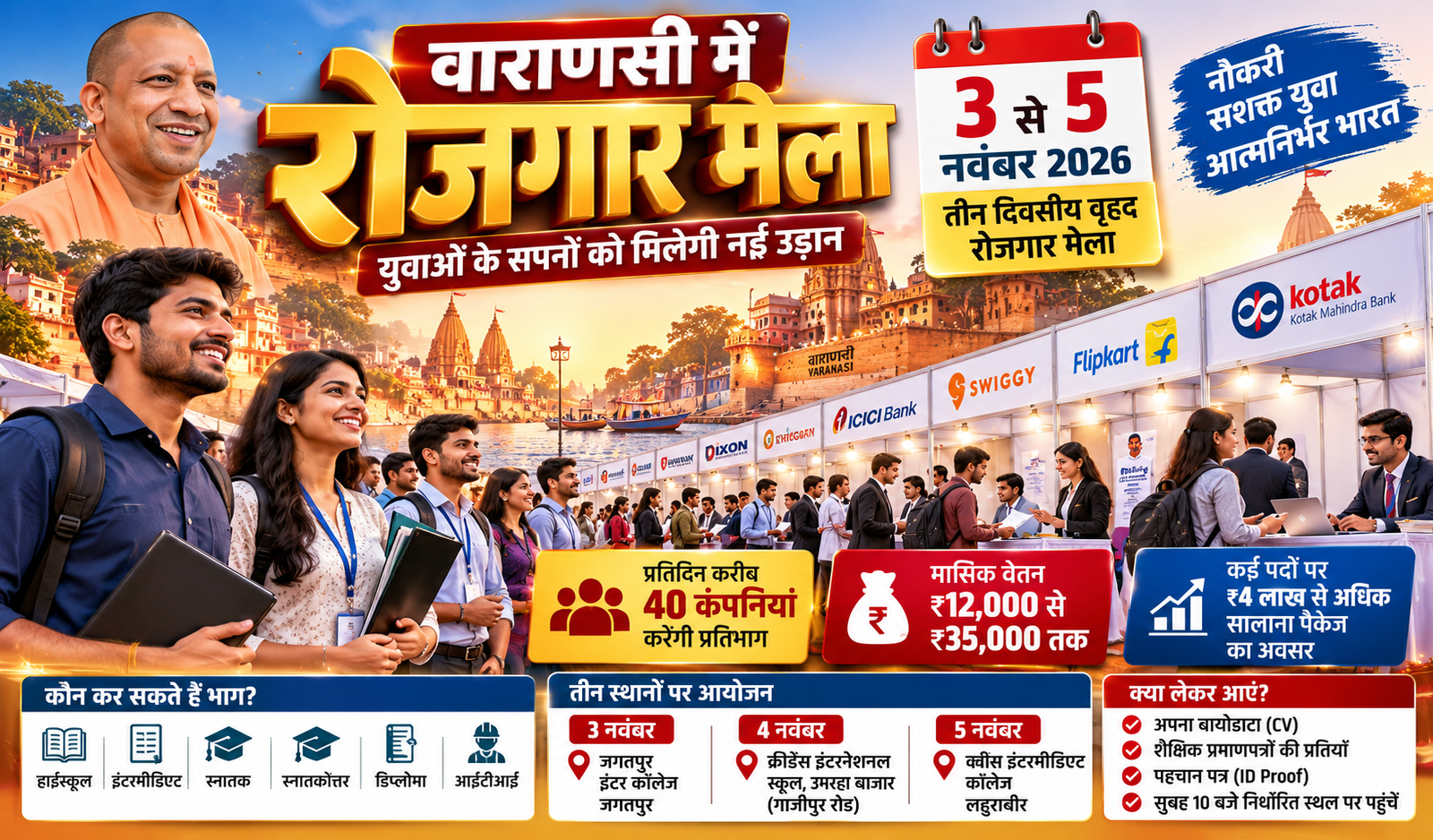 वाराणसी में उत्तर प्रदेश रोजगार मिशन के तहत 3 से 5 नवंबर 2026 तक तीन दिवसीय वृहद रोजगार मेले का आयोजन होगा। जगतपुर इंटर कॉलेज, क्रीडेंस इंटरनेशनल स्कूल उमरहा और क्वींस इंटरमीडिएट कॉलेज लहुराबीर में आयोजित मेलों में प्रतिदिन करीब 40 कंपनियों के शामिल होने की संभावना है। हाईस्कूल, इंटरमीडिएट, स्नातक, स्नातकोत्तर, डिप्लोमा और आईटीआई पास युवा इसमें भाग ले सकेंगे। अभ्यर्थियों को ₹12,000 से ₹35,000 तक मासिक वेतन और 4 लाख रुपये से अधिक सालाना पैकेज वाली नौकरियों के अवसर मिल सकते हैं।