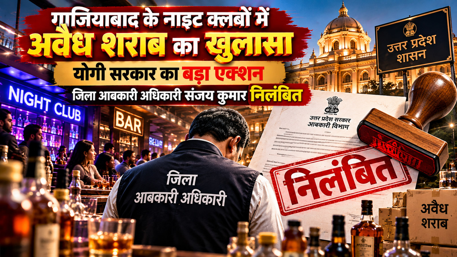 उत्तर प्रदेश की योगी सरकार ने गाजियाबाद में अवैध शराब बिक्री के मामले में बड़ी प्रशासनिक कार्रवाई की है। नाइट क्लबों और बार में बिना लाइसेंस शराब परोसने तथा दूसरे राज्यों की मदिरा बेचने के मामले में जिला आबकारी अधिकारी संजय कुमार को निलंबित कर दिया गया है। शासन ने विभागीय जांच के आदेश देते हुए उप आबकारी आयुक्त, मेरठ को जांच अधिकारी नियुक्त किया है।