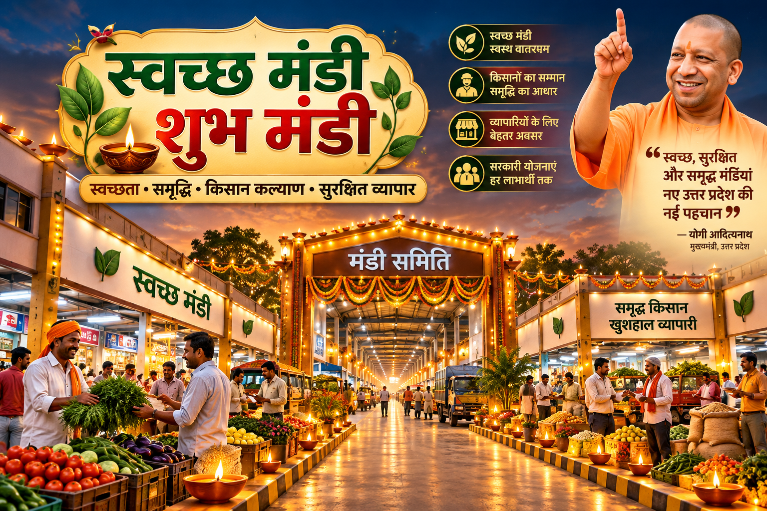 उत्तर प्रदेश में योगी सरकार किसान कल्याण, स्वच्छता और व्यापारिक गतिविधियों को बढ़ावा देने के लिए नई पहल कर रही है। धनतेरस 6 नवंबर 2026 को प्रदेश की सभी मंडियों में ‘स्वच्छ मंडी-शुभ मंडी अभियान’ के तहत दीपोत्सव आयोजित होगा। किसानों और व्यापारियों को सम्मानित करने के साथ सरकारी योजनाओं का लाभ पहुंचाया जाएगा। वहीं मुख्यमंत्री योगी आदित्यनाथ ने कहा कि बेहतर कानून-व्यवस्था और महिला सुरक्षा से अब बाजार रात में भी गुलजार हैं और व्यापार को नए अवसर मिल रहे हैं।