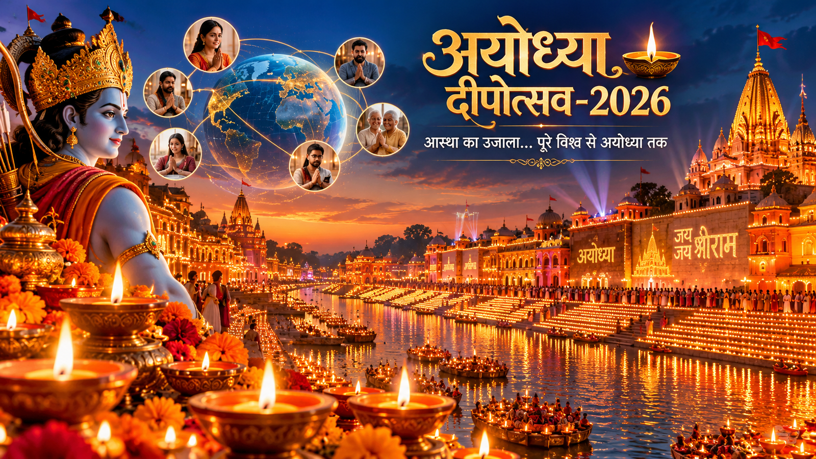 मुख्यमंत्री योगी आदित्यनाथ के नेतृत्व में अयोध्या दीपोत्सव-2026 का दसवां संस्करण भव्य और वैश्विक स्वरूप में आयोजित होगा। सरयू नदी के 56 घाटों पर 30 लाख दीप प्रज्ज्वलित करने का लक्ष्य निर्धारित किया गया है। डिजिटल धार्मिक प्लेटफॉर्म श्री मंदिर लगातार पांचवें वर्ष अयोध्या के ऐतिहासिक राजद्वार में एक लाख दीप जलाएगा। देश-विदेश के रामभक्त डिजिटल माध्यम से अपने नाम और गोत्र से दीपदान करा सकेंगे। आयोजन में अखंड रामायण पाठ, संत सेवा और पांच हजार से अधिक लोगों के लिए महाअन्नदान भी होगा।