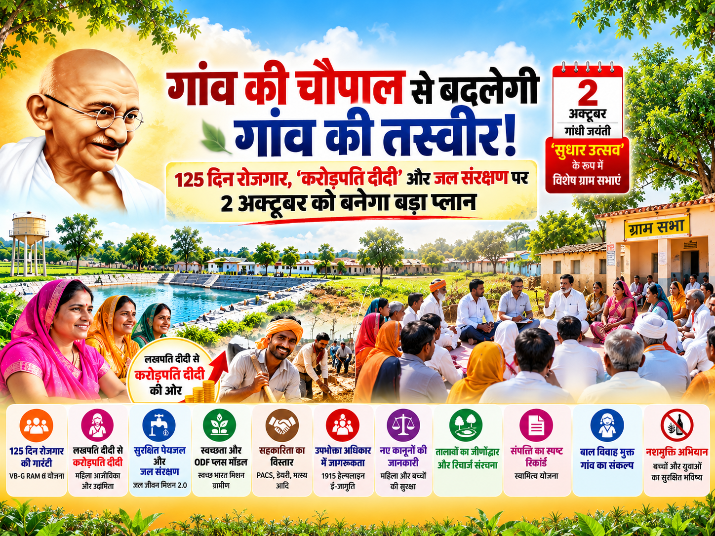 लखनऊ में गांधी जयंती पर 2 अक्टूबर को गांवों में ‘सुधार उत्सव’ के तहत विशेष ग्राम सभाओं का आयोजन होगा। मुख्यमंत्री योगी आदित्यनाथ के विजन के अनुरूप 11 मंत्रालयों और विभागों की योजनाओं पर ग्रामीणों के साथ चर्चा की जाएगी। 125 दिन रोजगार की गारंटी, लखपति दीदियों को करोड़पति दीदी बनाने, जल संरक्षण, स्वच्छ पेयजल, स्वच्छता, सहकारिता, संपत्ति रिकॉर्ड, उपभोक्ता अधिकार, बाल विवाह और नशामुक्ति जैसे मुद्दों पर गांव अपनी विकास प्राथमिकताएं तय करेंगे।