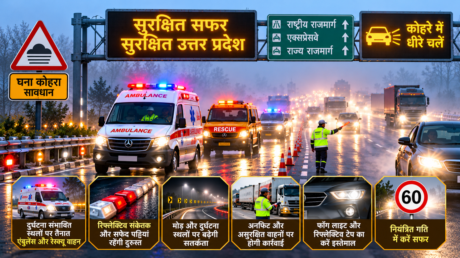 उत्तर प्रदेश में शीतलहर और घने कोहरे के दौरान सड़क हादसों को रोकने के लिए योगी सरकार ने सुरक्षा तैयारियां तेज कर दी हैं। हाईवे और एक्सप्रेसवे पर दुर्घटना संभावित स्थलों के पास एंबुलेंस, पेट्रोलिंग और रेस्क्यू वाहन तैनात रखने के निर्देश दिए गए हैं। रिफ्लेक्टिव संकेतक, सफेद पट्टियां और यातायात बोर्ड दुरुस्त किए जाएंगे। अनफिट व असुरक्षित वाहनों पर कार्रवाई होगी। वाहन चालकों को फॉग लाइट, रिफ्लेक्टिव टेप, नियंत्रित गति और सुरक्षित दूरी बनाए रखने के प्रति जागरूक किया जाएगा।