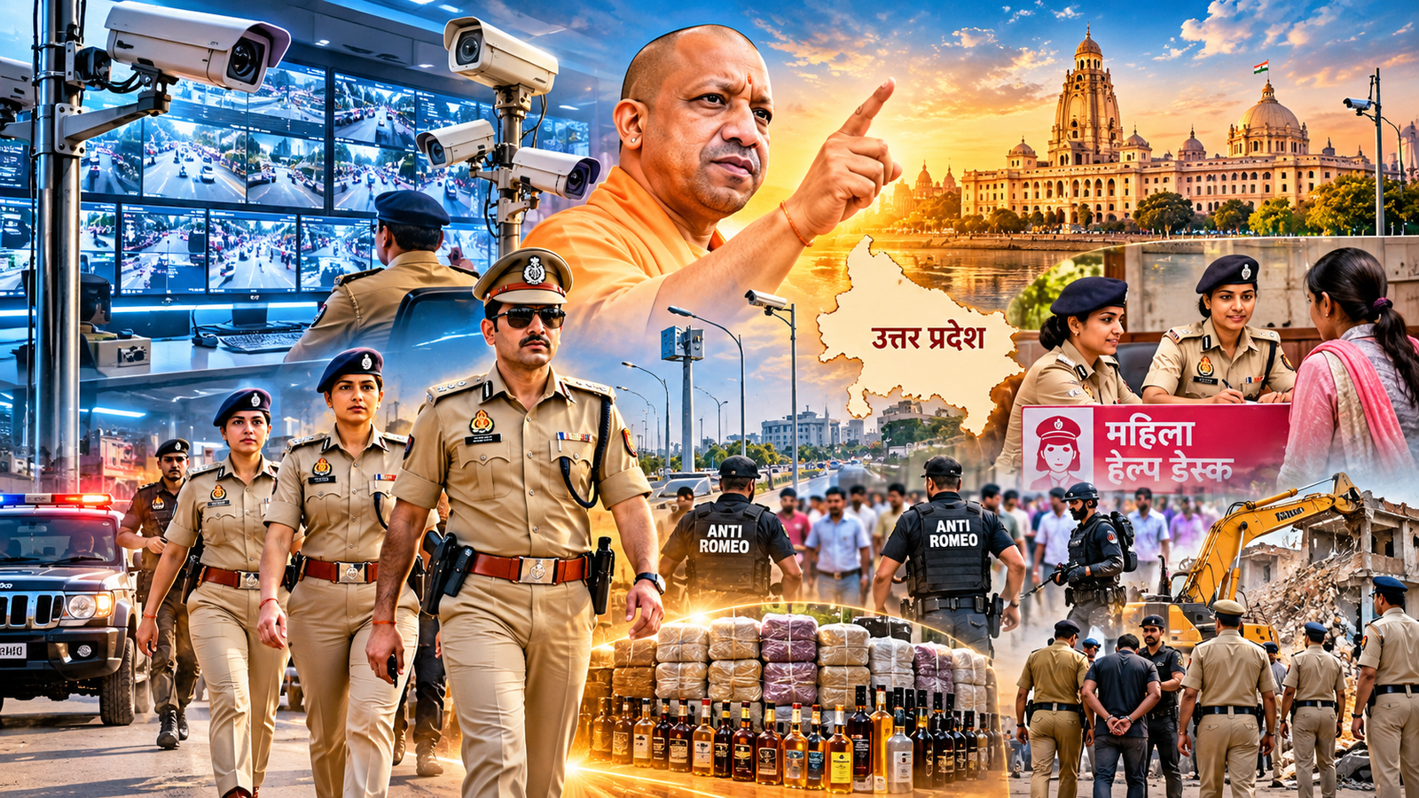 उत्तर प्रदेश में योगी सरकार ने कानून-व्यवस्था मजबूत करने के लिए स्मार्ट पुलिसिंग, महिला सुरक्षा और अपराध नियंत्रण पर जोर दिया है। ऑपरेशन त्रिनेत्र के तहत 12.85 लाख से अधिक सीसीटीवी कैमरे लगाए गए। प्रदेश के थानों में महिला हेल्प डेस्क और 8,694 महिला बीट संचालित हैं। एंटी रोमियो अभियान, माफिया की संपत्तियों पर कार्रवाई, नशे के कारोबार के खिलाफ अभियान और सी-प्लान ऐप के जरिए जनसहभागिता बढ़ाने की पहल की गई है। पुलिसकर्मियों के कल्याण के लिए भी सहायता बढ़ाई गई है।
