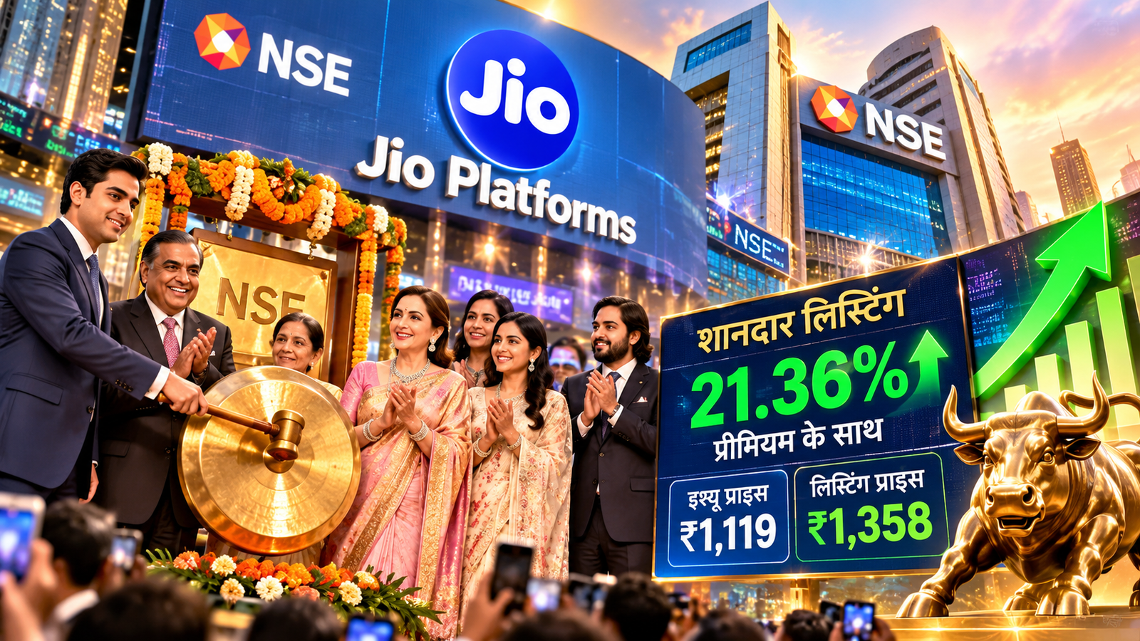 रिलायंस इंडस्ट्रीज की डिजिटल इकाई जियो प्लेटफॉर्म्स ने 28 अक्टूबर को शेयर बाजार में शानदार शुरुआत की। कंपनी का शेयर 1,119 रुपये के आईपीओ निर्गम मूल्य के मुकाबले 1,358 रुपये पर सूचीबद्ध हुआ, जो 21.36 प्रतिशत प्रीमियम दर्शाता है। लगभग 30,213 करोड़ रुपये के आईपीओ को निवेशकों की जबरदस्त प्रतिक्रिया मिली। एनएसई में आयोजित बेल-रिंग समारोह में मुकेश अंबानी, आकाश अंबानी और परिवार के अन्य सदस्य मौजूद रहे। जानिए जियो की लिस्टिंग, आईपीओ और बाजार मूल्यांकन से जुड़ी प्रमुख बातें।