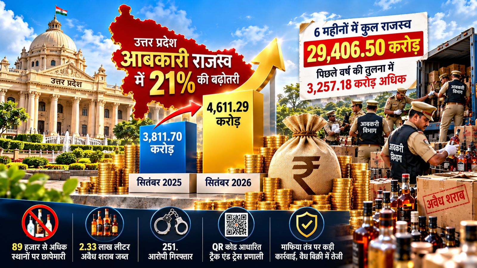 उत्तर प्रदेश में आबकारी विभाग के राजस्व संग्रह में सितंबर 2026 में करीब 21 प्रतिशत की वृद्धि दर्ज की गई। विभागीय आंकड़ों के मुताबिक सितंबर में ₹4,611.29 करोड़ राजस्व प्राप्त हुआ, जबकि पिछले वर्ष समान अवधि में यह ₹3,811.70 करोड़ था। अप्रैल से सितंबर 2026 तक कुल संग्रह ₹29,406.50 करोड़ पहुंच गया। विभाग के अनुसार अवैध शराब के खिलाफ प्रवर्तन अभियान, चेकिंग और तकनीक आधारित निगरानी से राजस्व संग्रह बढ़ा है। सितंबर में 89 हजार से अधिक स्थानों पर छापेमारी की गई।