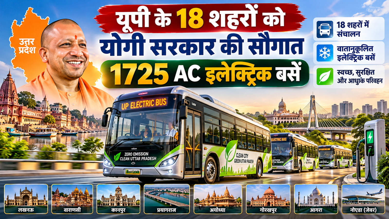 उत्तर प्रदेश की योगी सरकार ने सार्वजनिक परिवहन को बेहतर बनाने के लिए 18 शहरों में 1725 वातानुकूलित इलेक्ट्रिक बसों के संचालन को मंजूरी दी है। लखनऊ, वाराणसी, कानपुर, प्रयागराज, अयोध्या, गोरखपुर और नोएडा के जेवर सहित विभिन्न शहरों को इसका लाभ मिलेगा। ग्रॉस कॉस्ट कॉन्ट्रैक्ट (GCC) मॉडल के तहत निजी ऑपरेटर बसों की खरीद, संचालन और रखरखाव करेंगे। सरकार प्रत्येक 12 मीटर की बस पर 40 लाख रुपये और 9 मीटर की बस पर 35 लाख रुपये का अनुदान देगी।