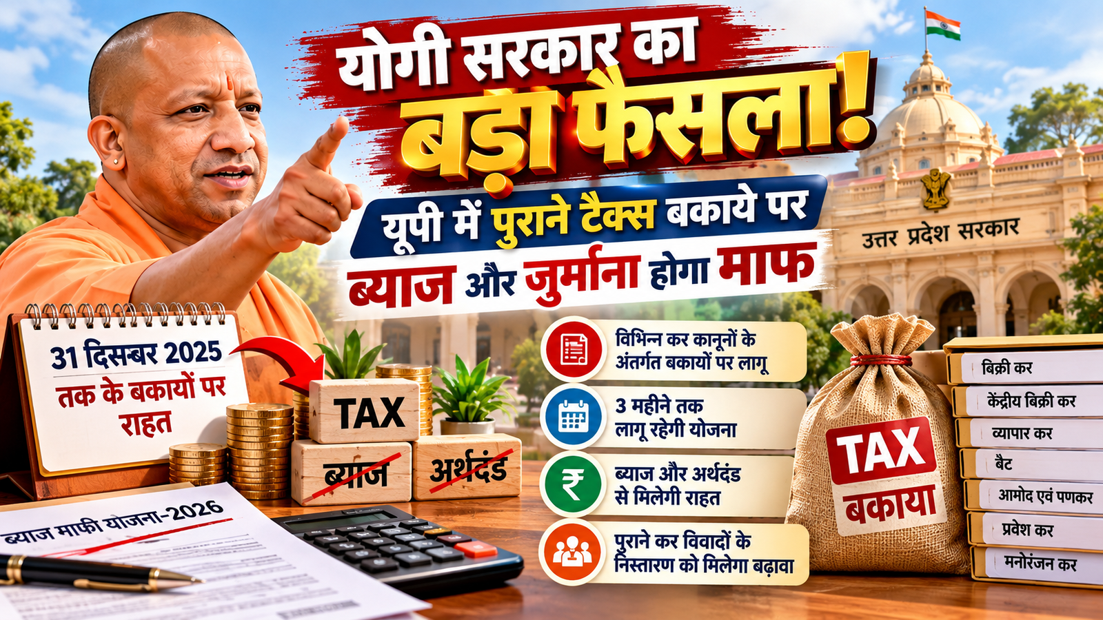 उत्तर प्रदेश की योगी सरकार ने ब्याज माफी योजना-2026 को मंजूरी दी है। इसके तहत 31 दिसंबर 2025 तक सृजित पात्र पुराने कर बकायों पर ब्याज और अर्थदंड माफ करने का प्रावधान है। योजना तीन महीने तक लागू रहेगी। बिक्री कर, व्यापार कर, वैट और अन्य संबंधित कर कानूनों के अंतर्गत आने वाले बकायों को शामिल किया गया है।