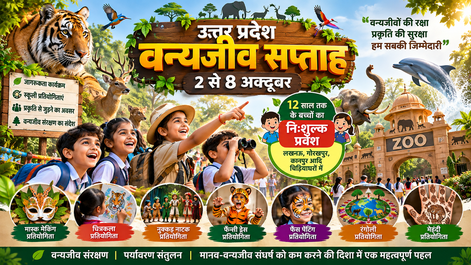 उत्तर प्रदेश में योगी सरकार के निर्देशन में 2 से 8 अक्टूबर तक वन्यजीव सप्ताह मनाया जाएगा। वन विभाग की ओर से स्कूली बच्चों के लिए मास्क मेकिंग, चित्रकला, नुक्कड़ नाटक, फैंसी ड्रेस, फेस पेंटिंग, रंगोली और मेहंदी प्रतियोगिताएं आयोजित होंगी। लखनऊ, गोरखपुर और कानपुर सहित प्रदेश के प्रमुख चिड़ियाघरों में 12 वर्ष तक के बच्चों को निःशुल्क प्रवेश मिलेगा। अभियान का उद्देश्य वन्यजीव संरक्षण, पर्यावरण संतुलन और मानव-वन्यजीव संघर्ष के प्रति जागरूकता बढ़ाना है।
