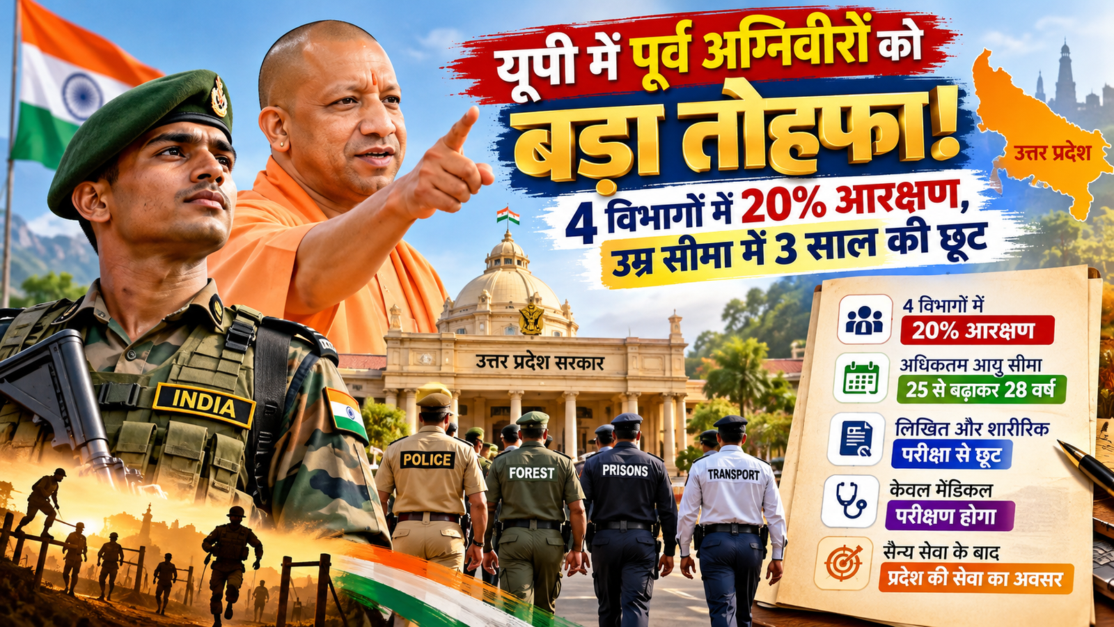 उत्तर प्रदेश की योगी सरकार ने पूर्व अग्निवीरों को सरकारी नौकरी में अवसर देने के लिए भर्ती नियमावली में संशोधन को मंजूरी दी है। इसके तहत पुलिस, वन, कारागार और परिवहन विभाग की भर्तियों में पूर्व अग्निवीरों को 20 प्रतिशत आरक्षण मिलेगा। अधिकतम आयु सीमा 25 से बढ़ाकर 28 वर्ष कर दी गई है। प्रस्तावित व्यवस्था के अनुसार, अभ्यर्थियों को लिखित और शारीरिक परीक्षा से छूट मिलेगी तथा मेडिकल परीक्षण से गुजरना होगा। इससे सैन्य सेवा पूरी कर चुके युवाओं को सरकारी रोजगार के अवसर मिलेंगे।
