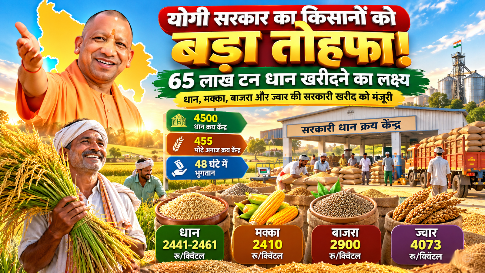 उत्तर प्रदेश की योगी सरकार ने खरीफ विपणन वर्ष 2026-27 के लिए धान और मोटे अनाज की सरकारी खरीद नीति को मंजूरी दी है। प्रदेश में इस बार 65 लाख मीट्रिक टन धान खरीदने का लक्ष्य रखा गया है। सामान्य धान का समर्थन मूल्य 2441 रुपये और ग्रेड-ए धान का 2461 रुपये प्रति क्विंटल तय किया गया है। मक्का, बाजरा और ज्वार की 2.85 लाख मीट्रिक टन खरीद का लक्ष्य प्रस्तावित है। सरकार ने किसानों को यथासंभव 48 घंटे में भुगतान सुनिश्चित करने के निर्देश दिए हैं।