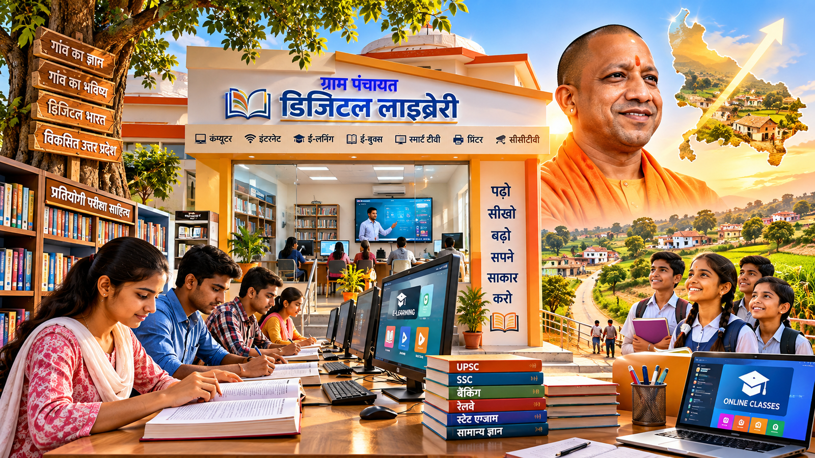 उत्तर प्रदेश में डिजिटल लाइब्रेरी पहल ने ग्रामीण शिक्षा की तस्वीर बदलने का दावा किया है। मुख्यमंत्री योगी आदित्यनाथ ने बताया कि 2017 से पहले ई-लाइब्रेरी की पहुंच करीब 76 स्थानों तक सीमित थी, जबकि अब 57,600 ग्राम पंचायतों तक डिजिटल लाइब्रेरी पहुंच चुकी है। बहराइच के तेजवापुर ब्लॉक के खसहा मोहम्मदपुर में किताबों के साथ कंप्यूटर, हाई-स्पीड इंटरनेट, वाई-फाई, स्मार्ट टीवी और डिजिटल कंटेंट उपलब्ध हैं। इससे ग्रामीण बच्चों और युवाओं को प्रतियोगी परीक्षाओं की तैयारी में सुविधा मिल रही है।