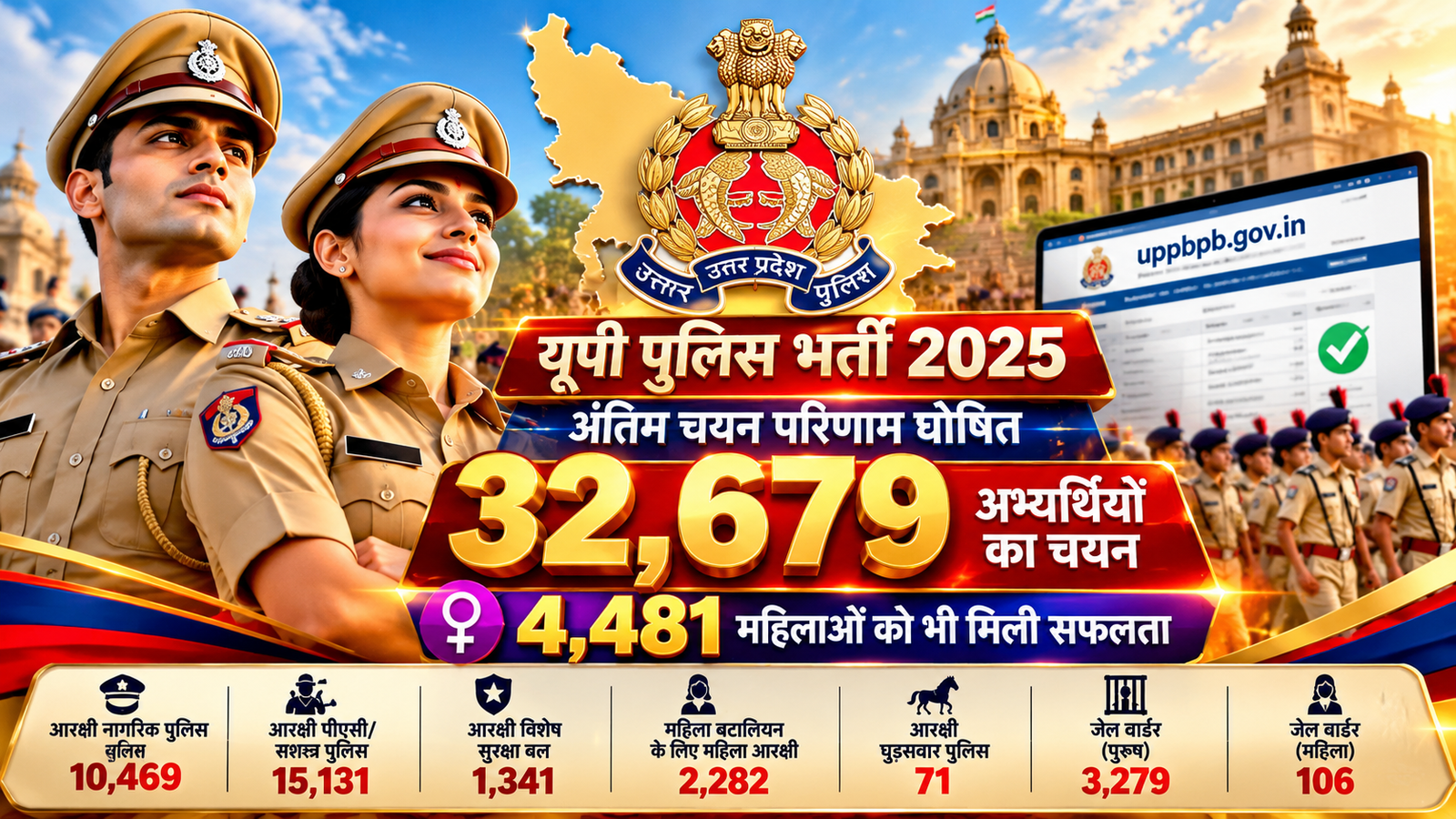 UP Police Result 2025: उत्तर प्रदेश पुलिस भर्ती एवं प्रोन्नति बोर्ड ने आरक्षी नागरिक पुलिस एवं समकक्ष पदों पर सीधी भर्ती का अंतिम चयन परिणाम घोषित कर दिया है। इस भर्ती में कुल 32,679 अभ्यर्थियों का चयन हुआ है, जिनमें 4,481 महिलाएं शामिल हैं। भर्ती के लिए 28,86,797 आवेदन प्राप्त हुए थे। चयनित अभ्यर्थियों की सूची आधिकारिक वेबसाइट uppbpb.gov.in पर उपलब्ध है। जानें भर्ती के पदवार विवरण, लिखित परीक्षा, शारीरिक दक्षता परीक्षा और अंतिम चयन प्रक्रिया से जुड़ी प्रमुख जानकारी।