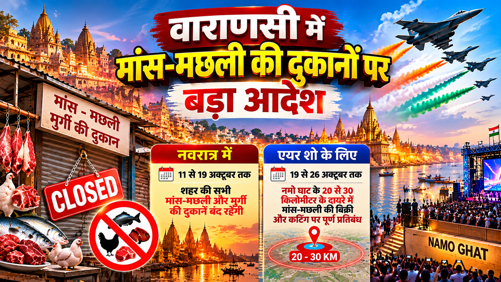 वाराणसी में शारदीय नवरात्र के दौरान 11 से 19 अक्टूबर तक मांस, मछली और मुर्गी की दुकानें बंद रहेंगी। नगर निगम ने श्रद्धालुओं की भावनाओं को ध्यान में रखते हुए यह निर्देश जारी किया है। वहीं, नमो घाट पर भारतीय वायु सेना के एरियल डिस्प्ले-2026 के मद्देनजर 19 से 26 अक्टूबर तक 20 से 30 किलोमीटर के दायरे में मांस-मछली की बिक्री और कटिंग पर प्रतिबंध रहेगा। प्रशासन ने सुरक्षा, स्वच्छता और भीड़ प्रबंधन की तैयारियां तेज कर दी हैं।
