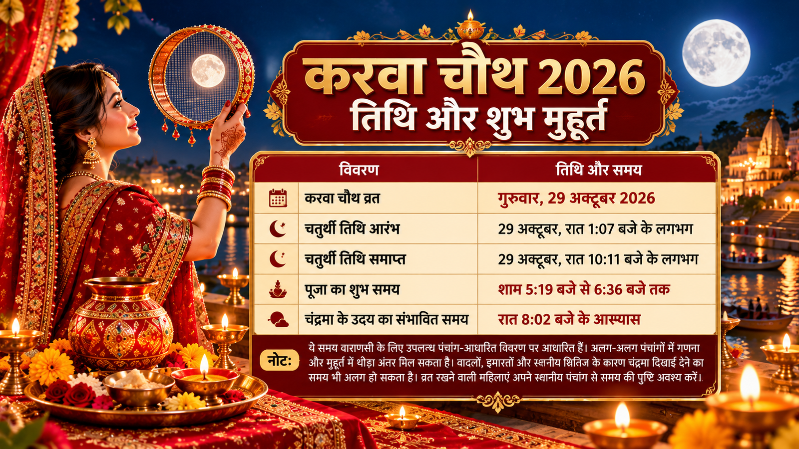 करवा चौथ 2026 का व्रत 29 अक्टूबर, गुरुवार को रखा जाएगा। इस विशेष पर्व पर सुहागिन महिलाएं पति की लंबी आयु, अच्छे स्वास्थ्य और सुख-समृद्धि की कामना करती हैं। जानिए करवा चौथ की तिथि, वाराणसी में पूजा का शुभ मुहूर्त, चांद निकलने का संभावित समय, चतुर्थी तिथि, व्रत कथा, पूजा सामग्री और चंद्रमा को अर्घ्य देने की विधि। स्थानीय पंचांग के अनुसार समय की पुष्टि करें और पढ़ें करवा चौथ से जुड़ी संपूर्ण जानकारी CMG TIMES पर।