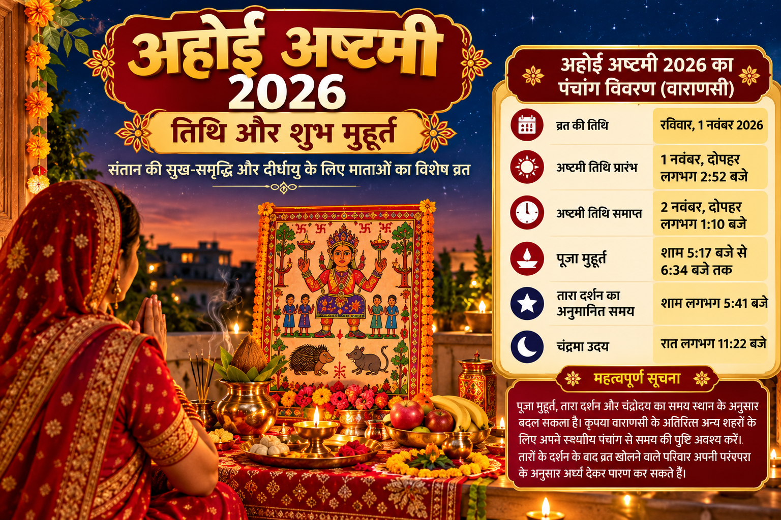 अहोई अष्टमी 2026 का व्रत रविवार, 1 नवंबर को रखा जाएगा। संतान की सुख-समृद्धि, अच्छे स्वास्थ्य और दीर्घायु की कामना से माताएं अहोई माता की पूजा करती हैं। जानिए अष्टमी तिथि प्रारंभ और समाप्ति का समय, वाराणसी में पूजा का शुभ मुहूर्त, तारा दर्शन और चंद्रोदय का समय। इस लेख में पढ़ें अहोई अष्टमी की संपूर्ण पूजा विधि, प्रचलित व्रत कथा, अहोई माता की आरती, धार्मिक महत्व और व्रत के दौरान ध्यान रखने योग्य जरूरी बातें।